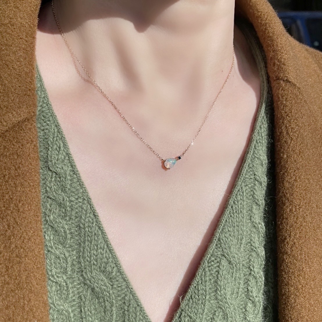 14K爪鑲水滴歐泊藍鑽/亮棕鑽項鍊