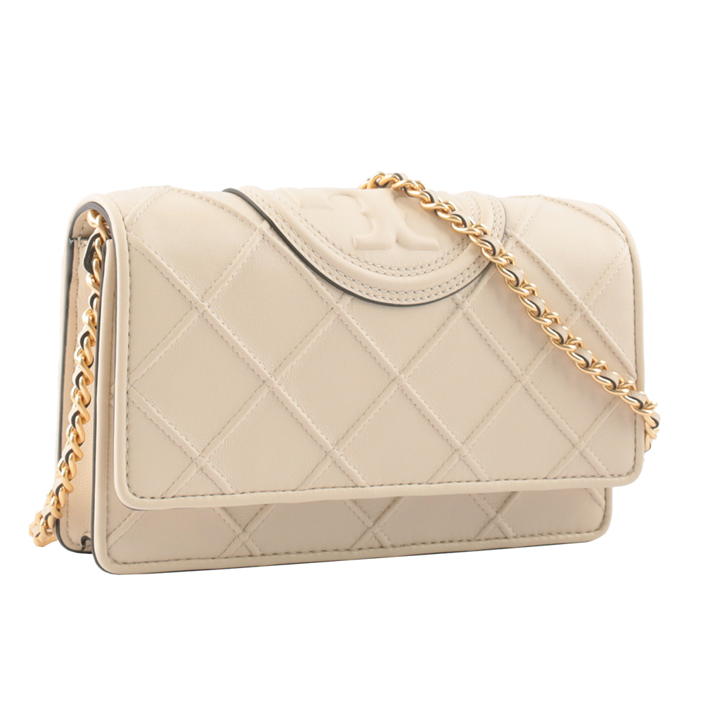 【Tory Burch】Fleming 菱格紋皮革皮夾式鍊包(奶油白)