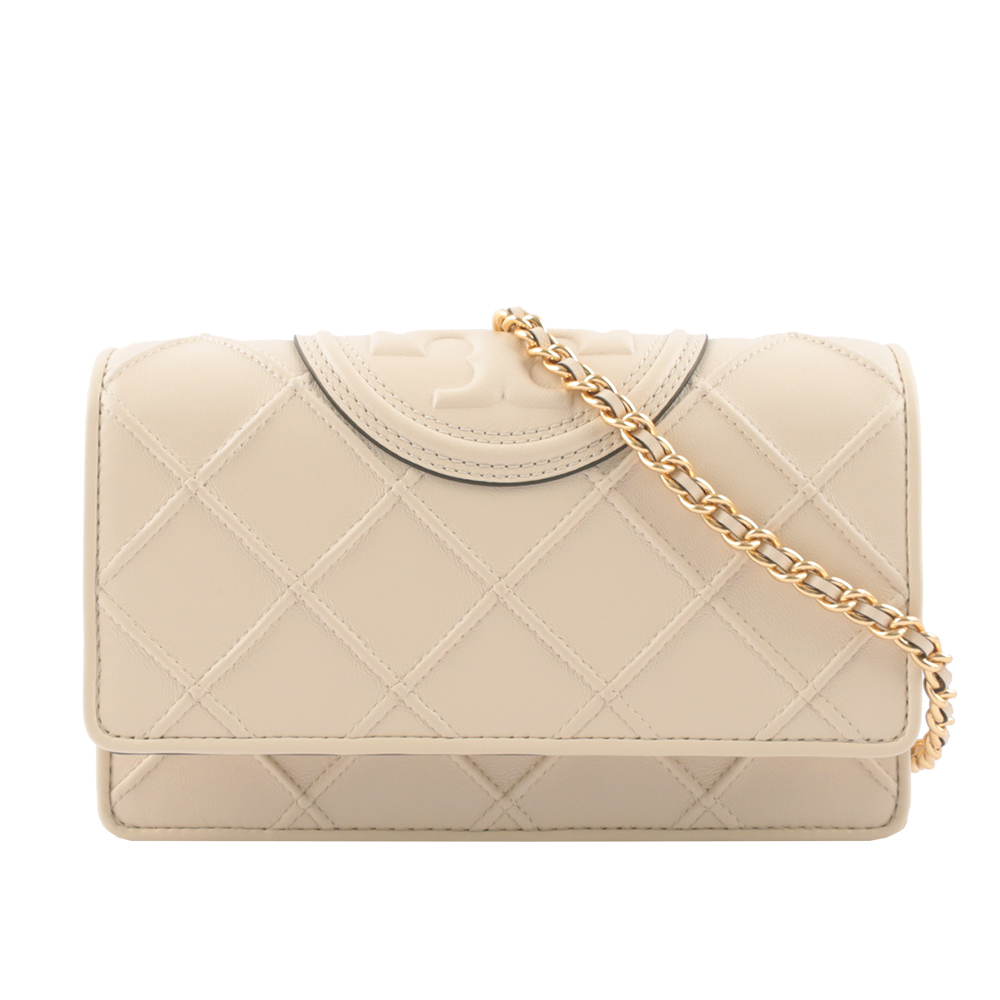 【Tory Burch】Fleming 菱格紋皮革皮夾式鍊包(奶油白)