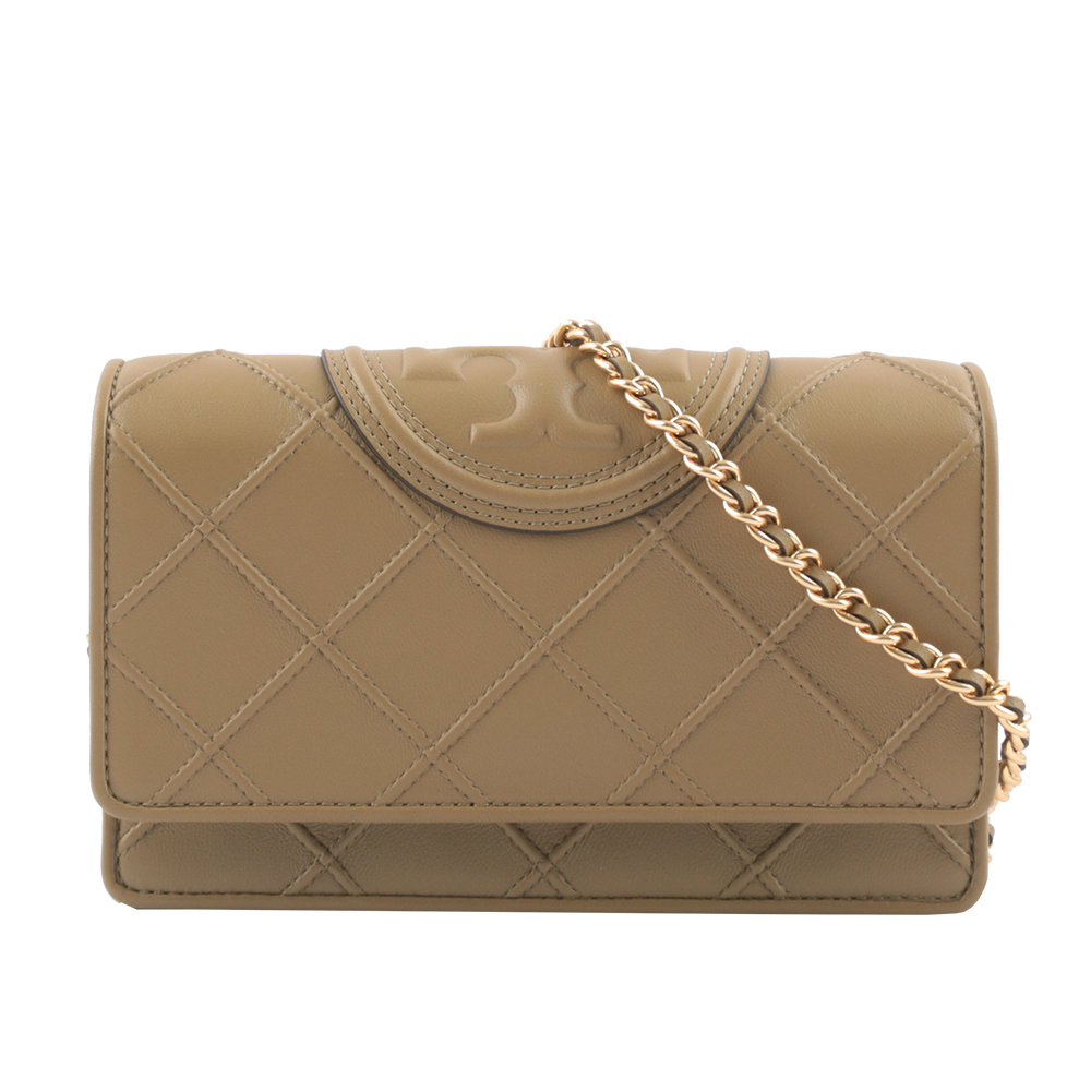 【Tory Burch】Fleming 菱格紋皮革皮夾式鍊包(亞麻棕)