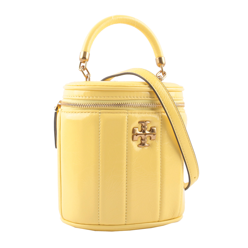 【Tory Burch】Kira 直條縫線皮革手提/斜背二用化妝箱(復古黃)