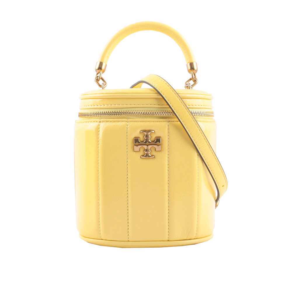 【Tory Burch】Kira 直條縫線皮革手提/斜背二用化妝箱(復古黃)