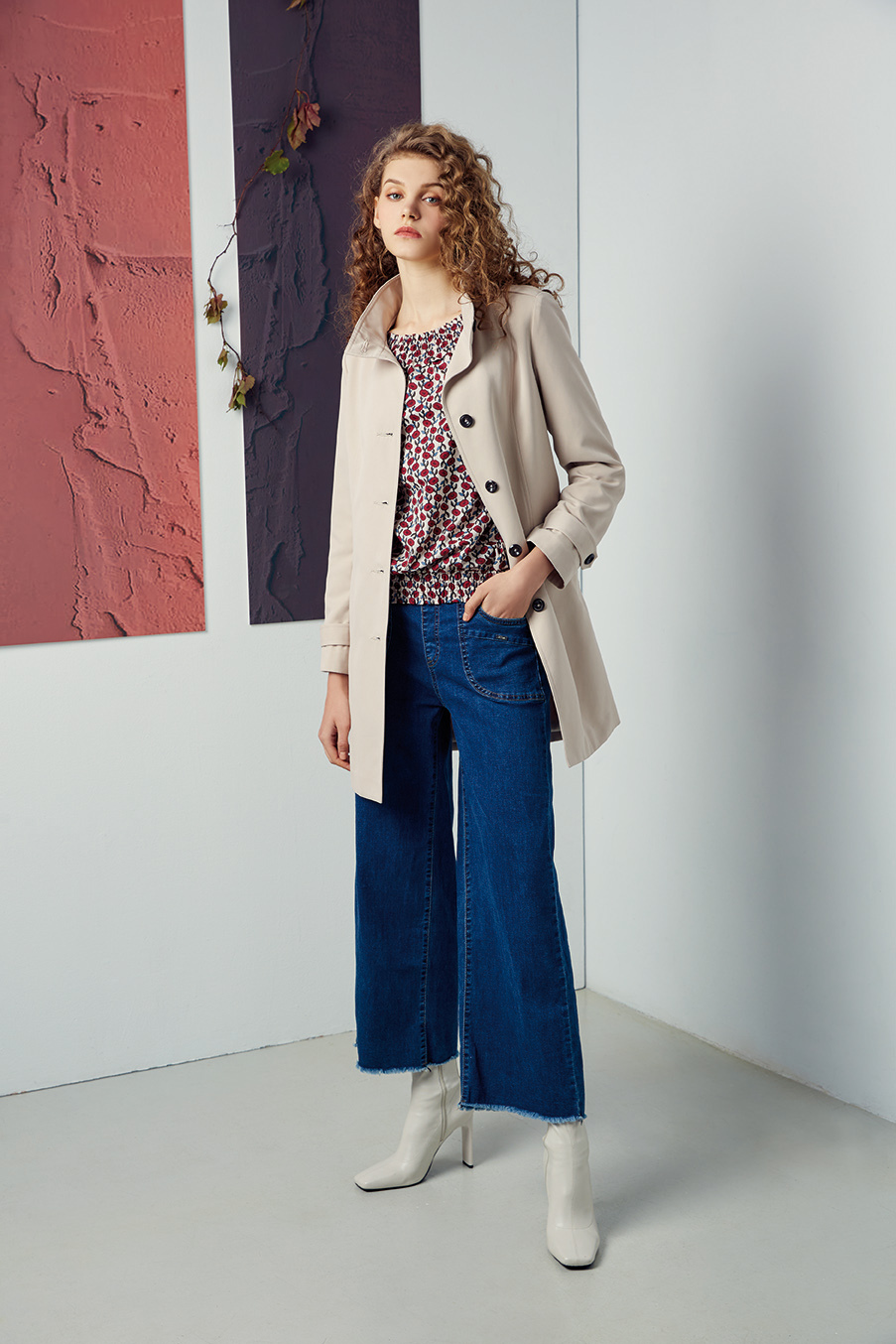 復古風情修身顯瘦闊腿牛仔褲R6531