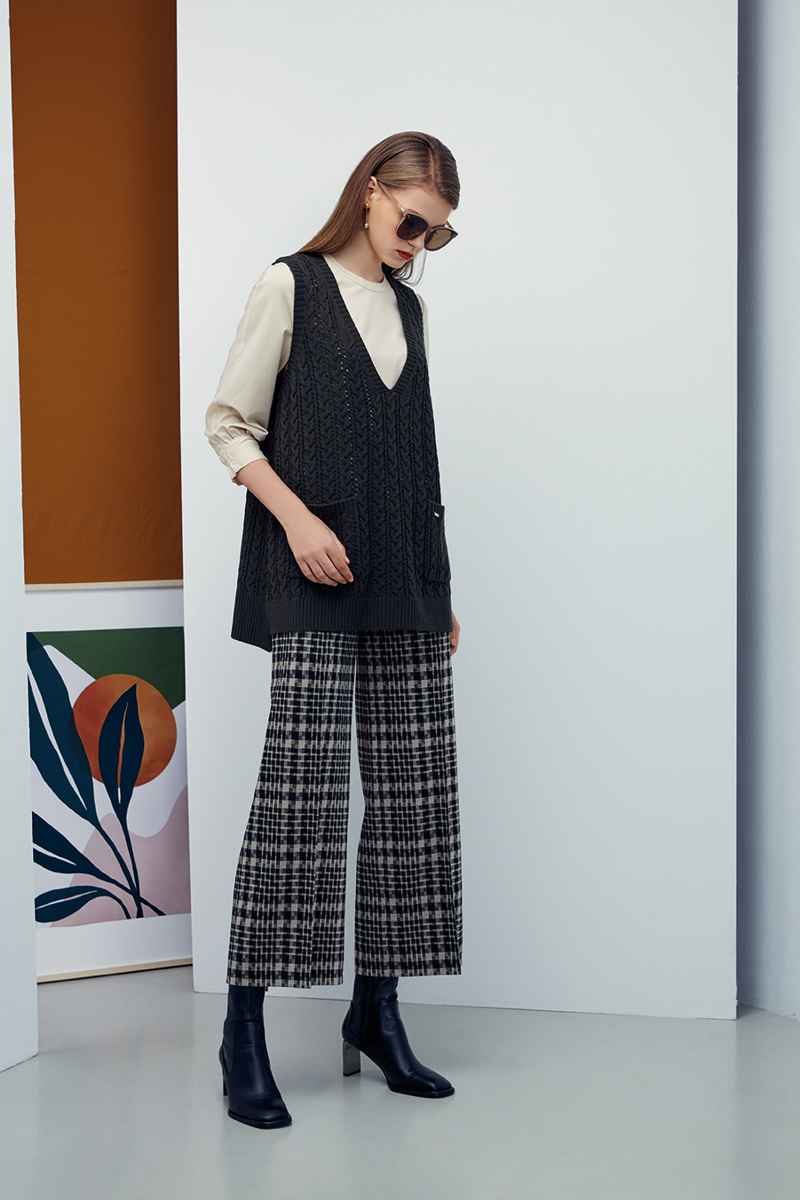 復古英倫風格子寬管褲R6601