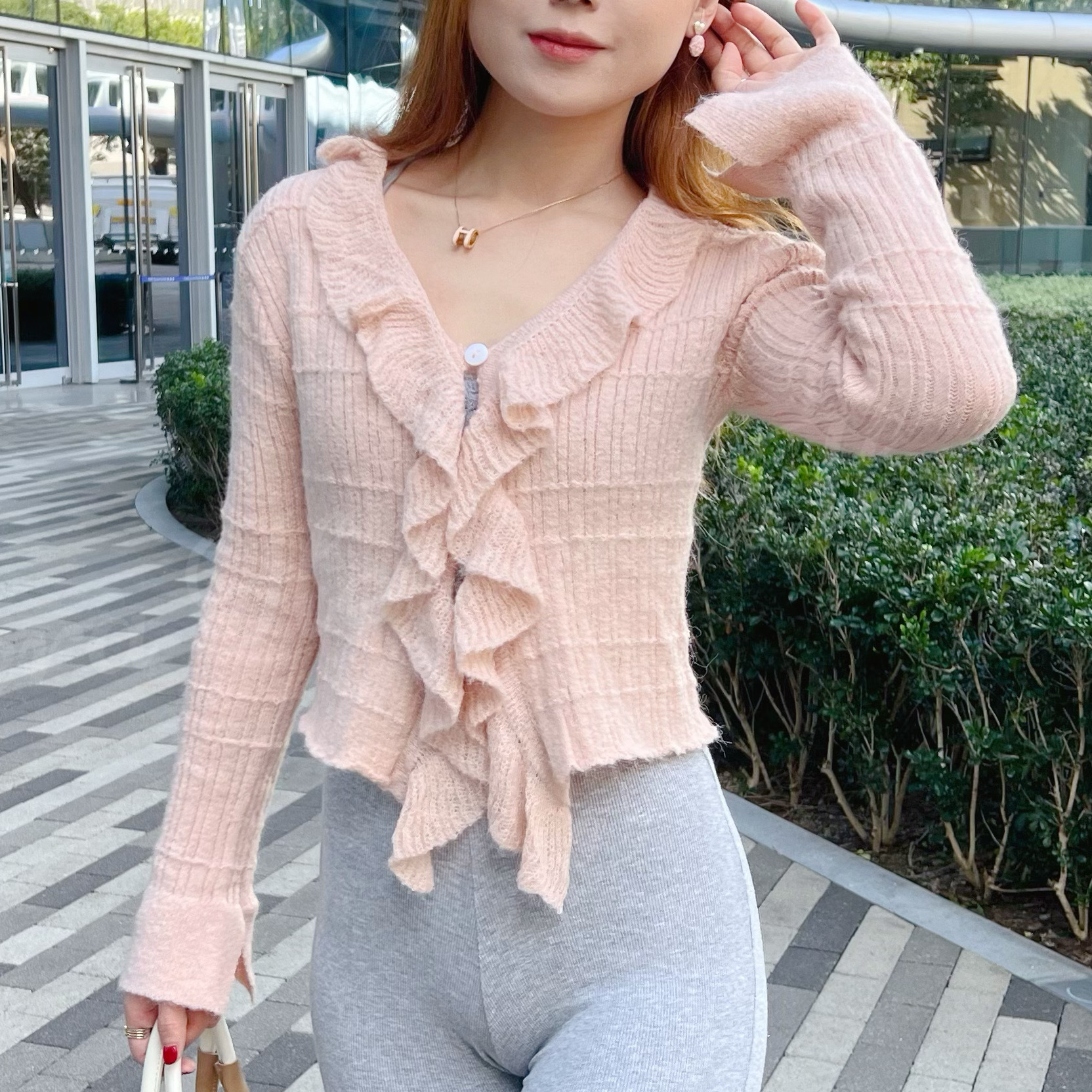 JK22S1144 超顯瘦格紋RUFFLES綁帶開叉喇吧小袖