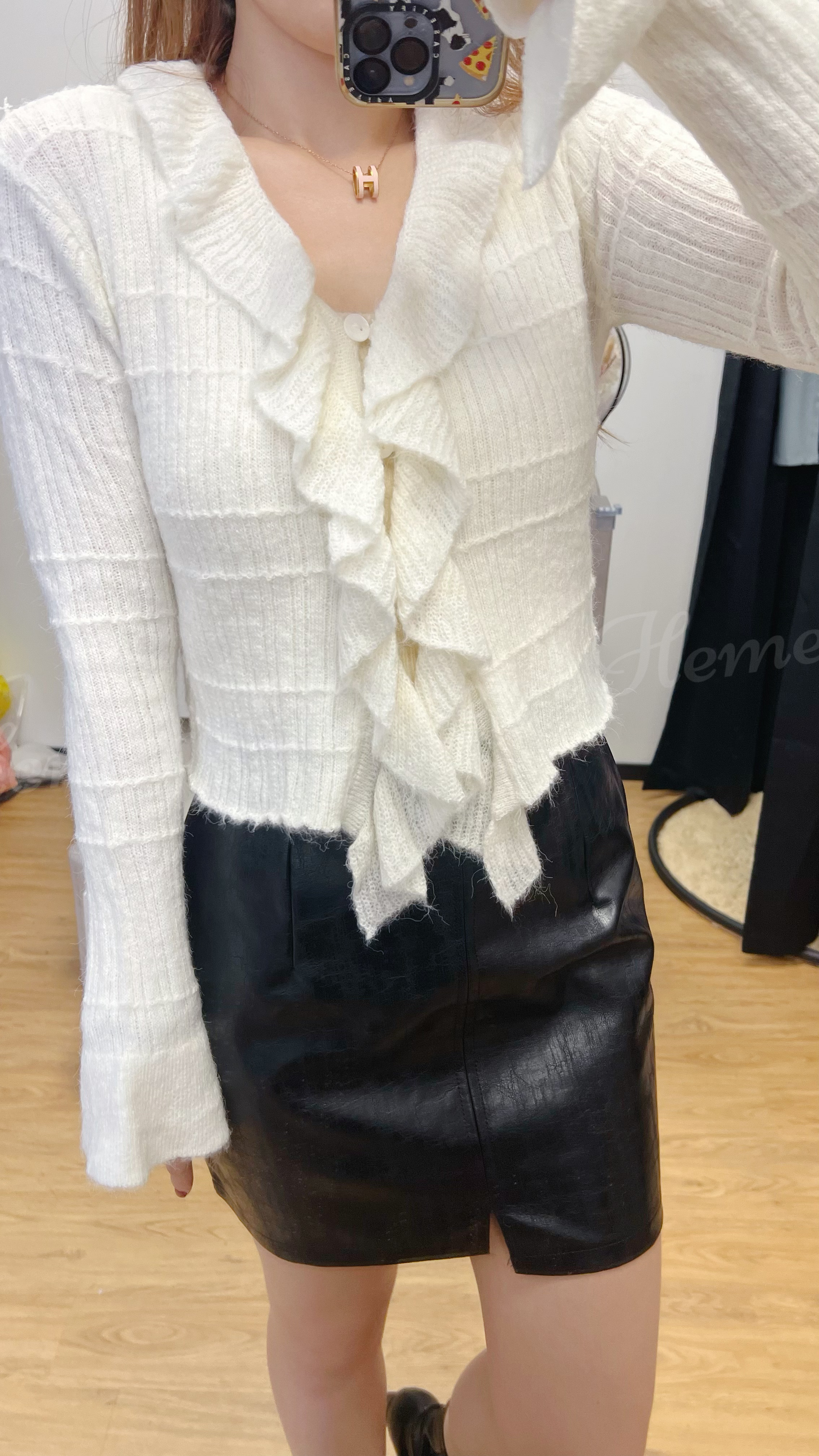 JK22S1144 超顯瘦格紋RUFFLES綁帶開叉喇吧小袖