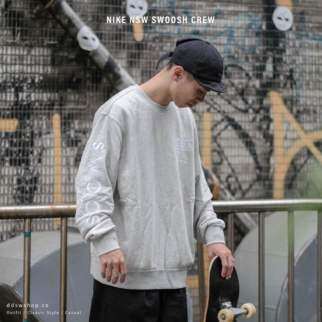Nike NSW Swoosh Crew 大學踢 刺繡 標語 手袖Logo 灰色 DJ0466-050