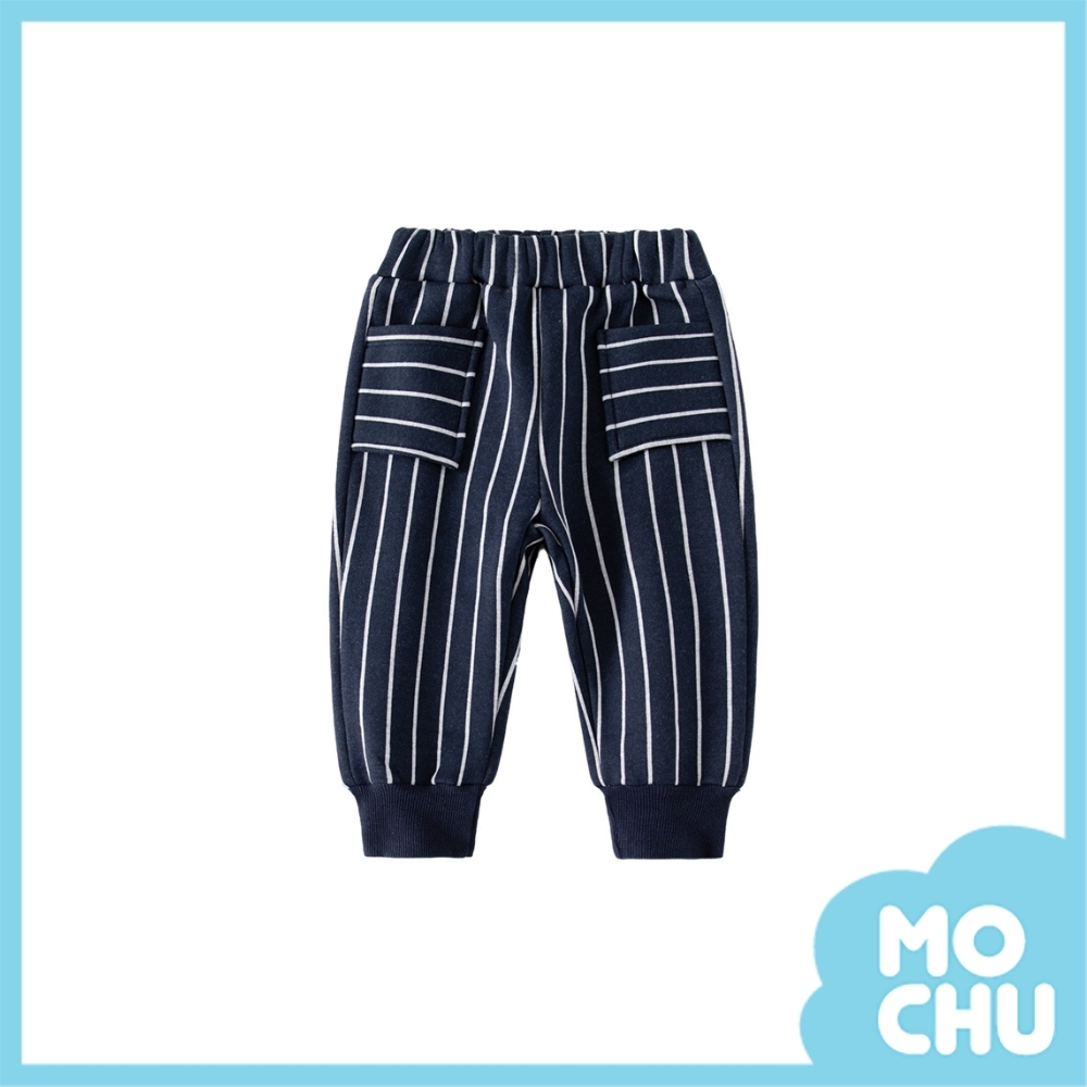 藏青條紋加絨保暖長褲