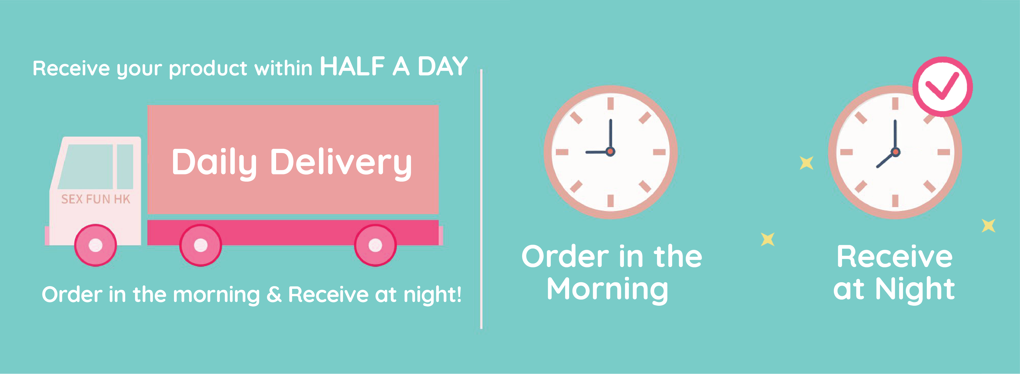 A truck is on the left, and there are two clocks on the right. It means sFun HK delivers quickly.