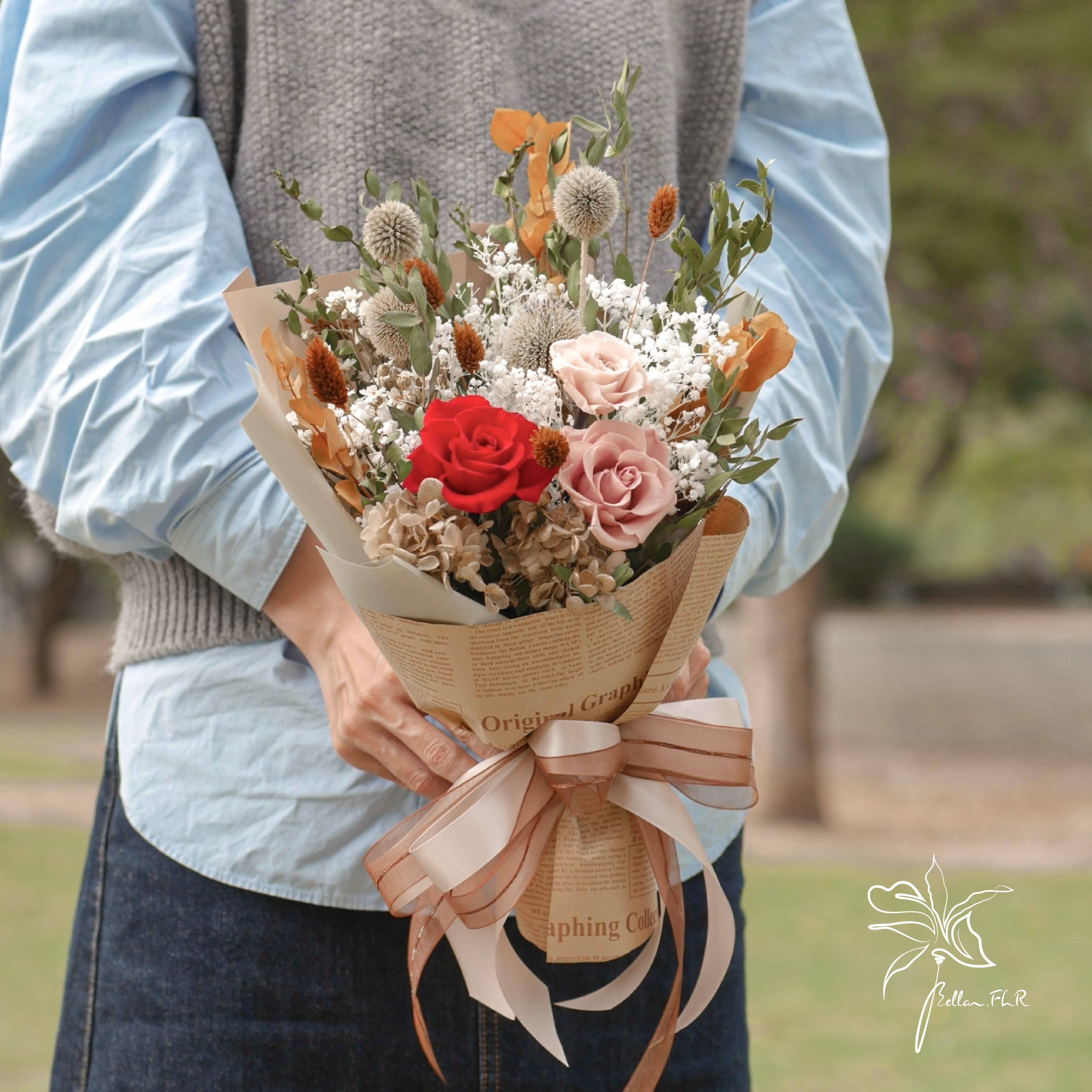 【緋紅花漾絮語】永生乾燥花束格紋提袋組