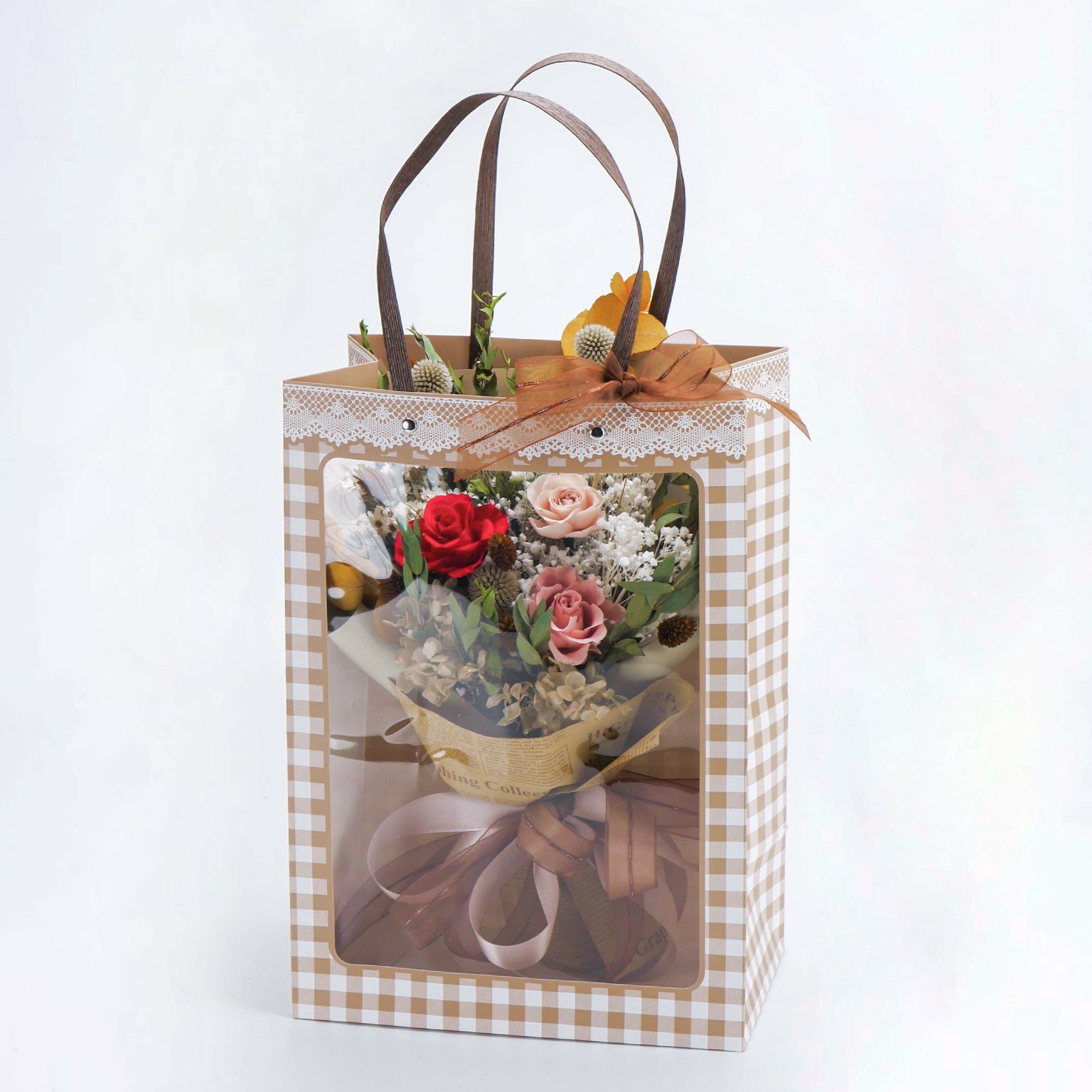 【緋紅花漾絮語】永生乾燥花束格紋提袋組