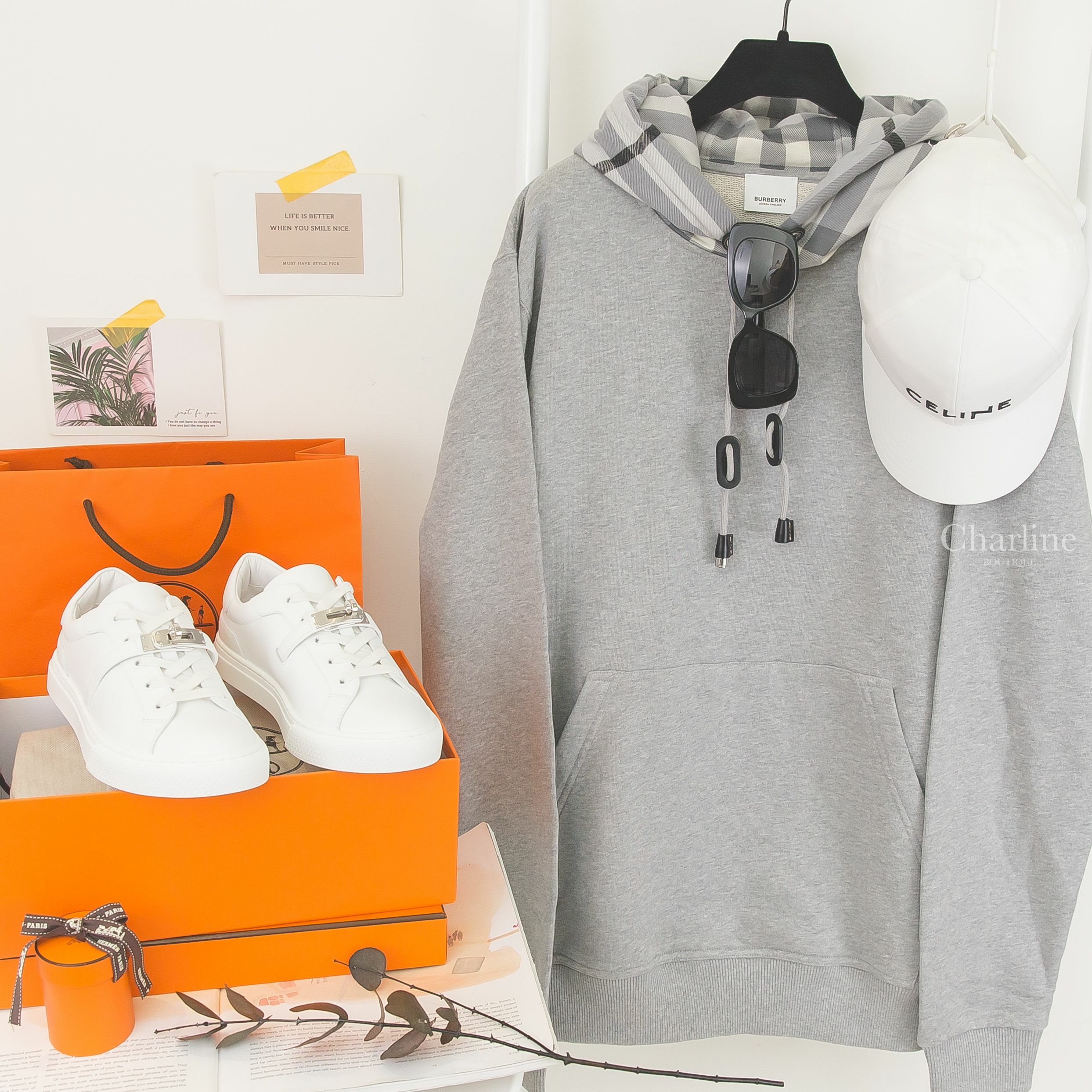 Hermès Day Sneaker 白色銀釦小牛皮運動鞋,Chanel 黑色方框側邊黑鑽 Chanel 太陽眼鏡,Celine 白色刺繡黑字棉質棒球帽-Charline Boutique 精品代購