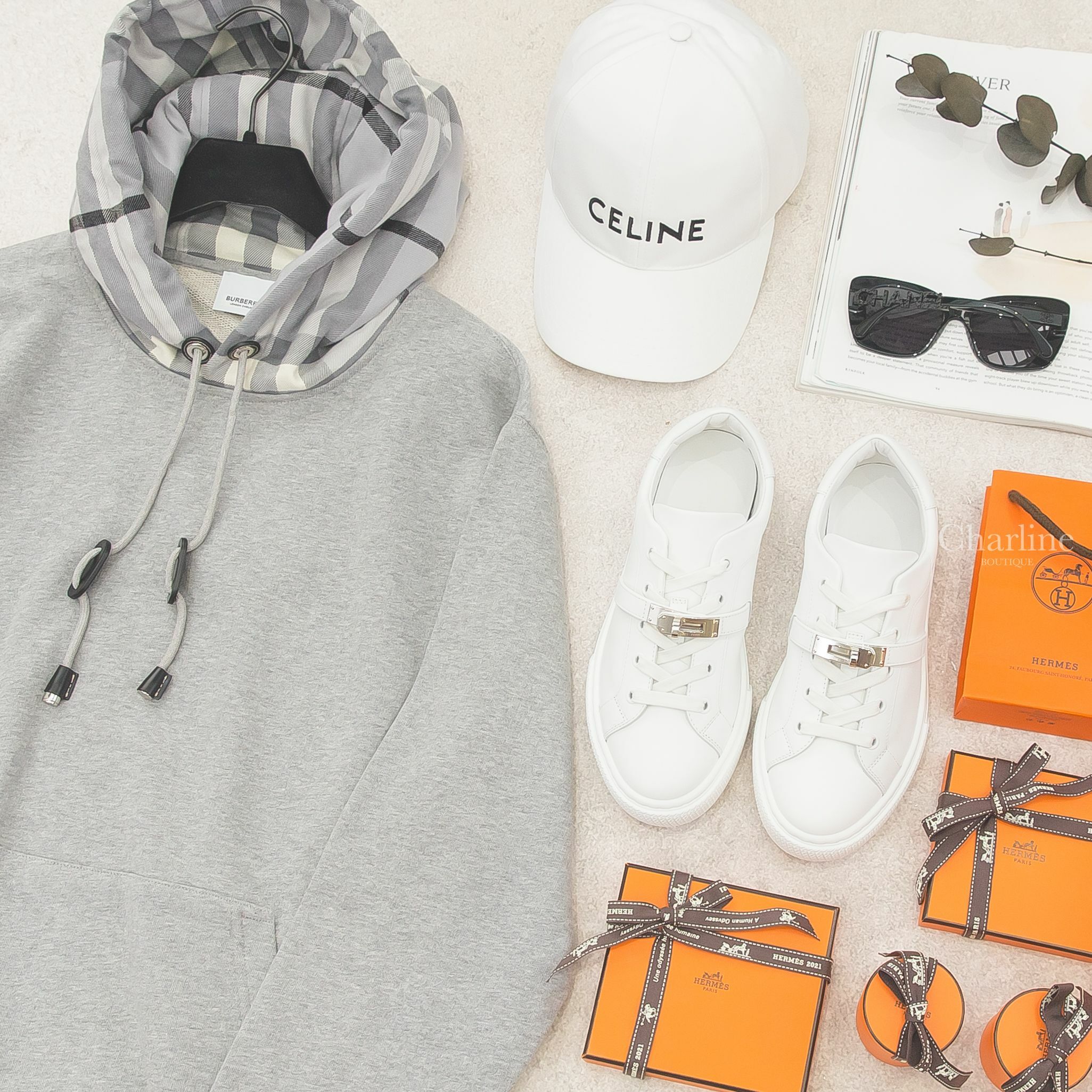 Hermès Day Sneaker 白色銀釦小牛皮運動鞋,Chanel 黑色方框側邊黑鑽 Chanel 太陽眼鏡,Celine 白色刺繡黑字棉質棒球帽-Charline Boutique 精品代購