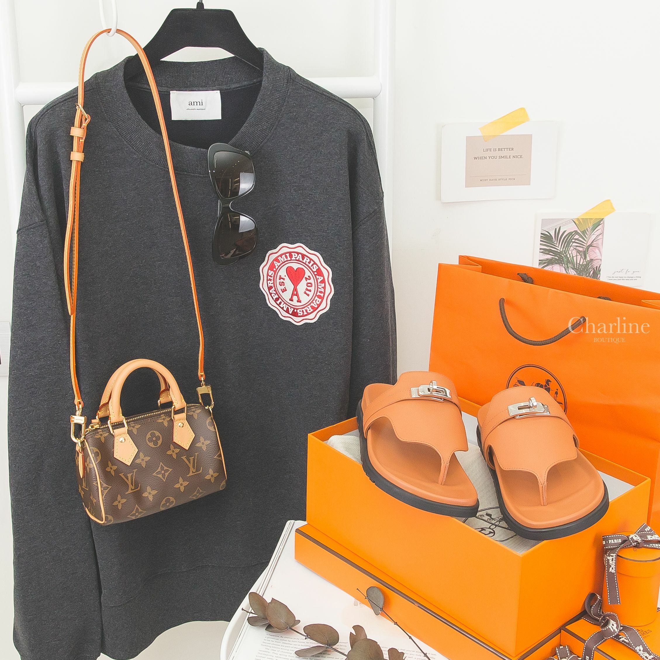 Hermès Empire Sandal 土棕色小牛皮黑底銀釦橡膠平底拖鞋,Louis Vuitton咖啡色老花帆布手提調節式背帶肩背包,Chanel 黑色蝴蝶型咖啡鏡片黑色鏡腳黑金皮穿鍊水鑽CC太陽眼鏡-Charline Boutique 精品代購