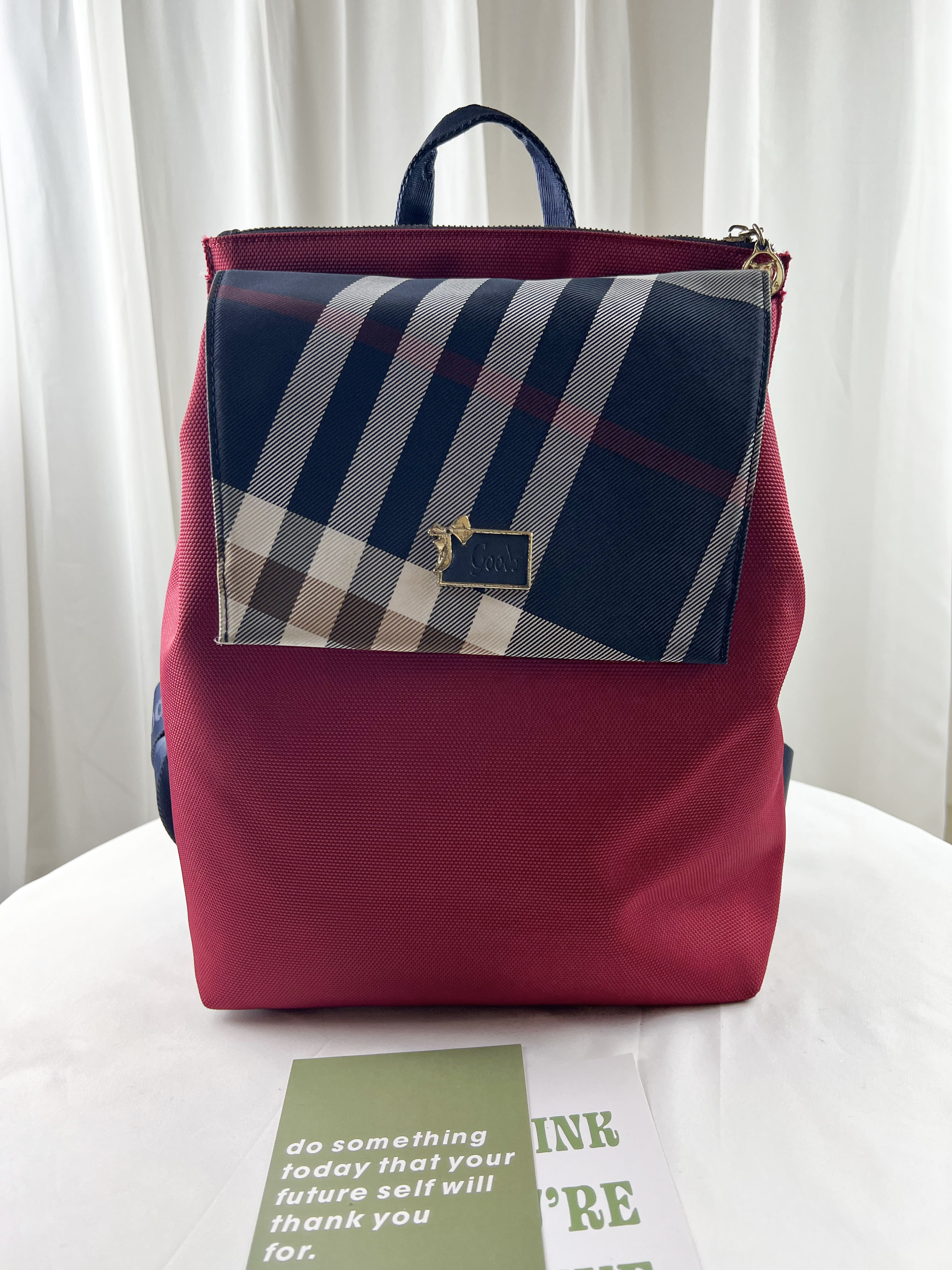 GOODS 紅格紋拼色防潑水後背包  #2635