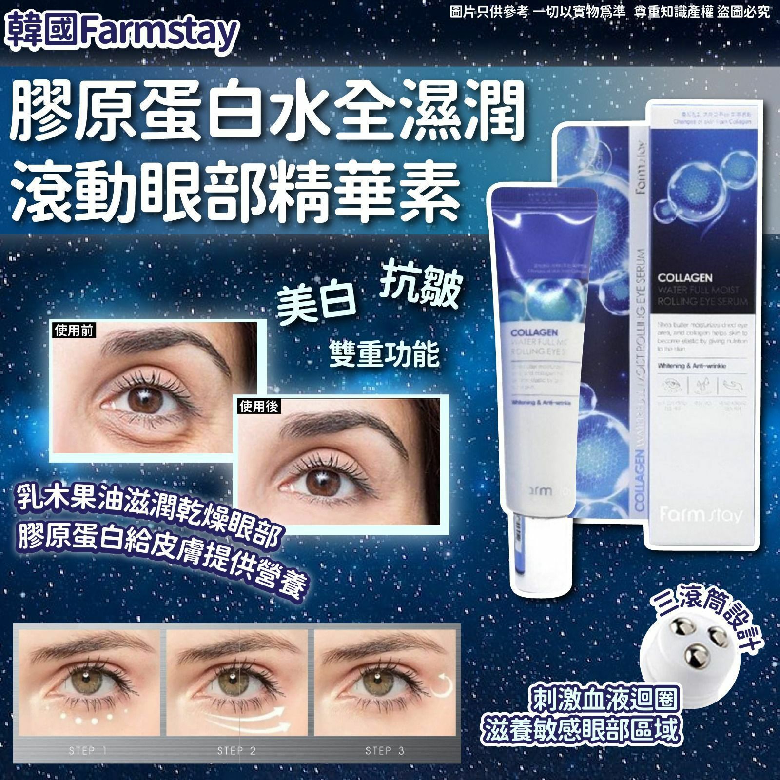 韓國Farmstay膠原蛋白水全濕潤滾動眼部精華素25ml