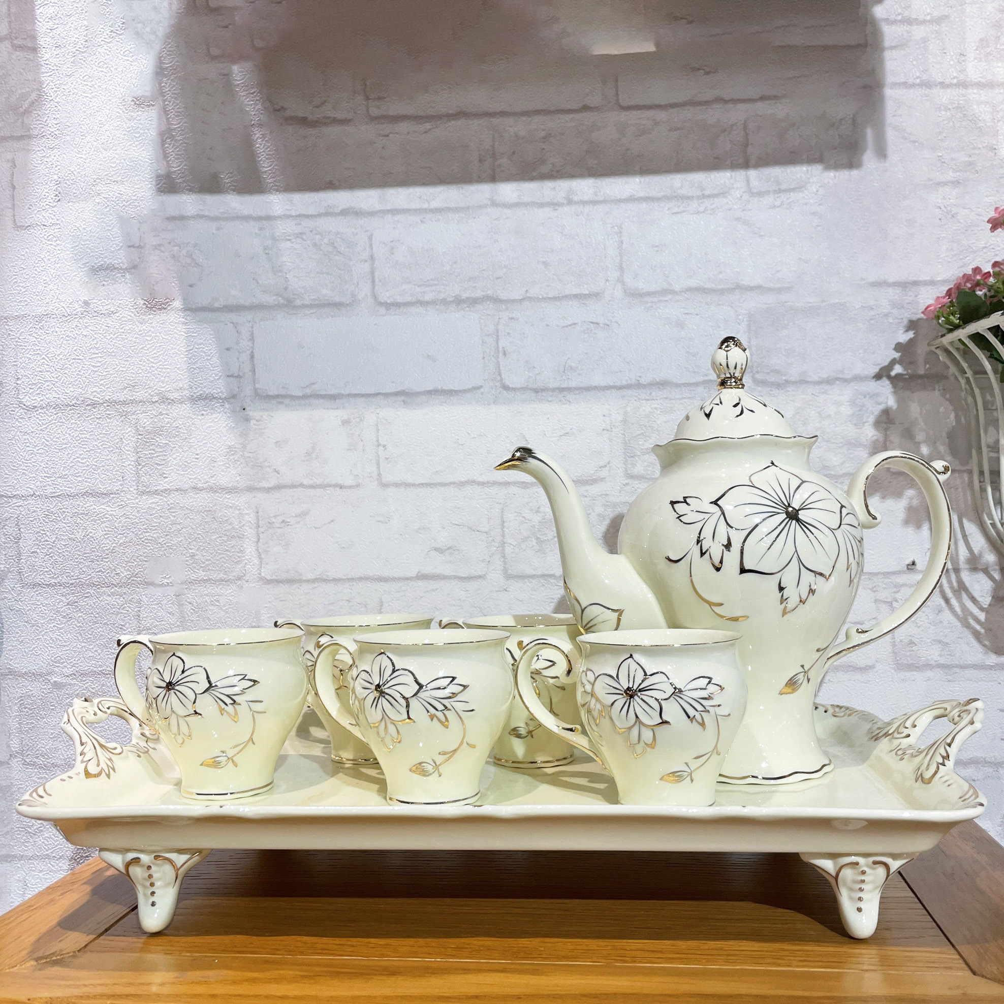 典雅蘭花茶具組(1壺6杯1托盤)[CER-105]