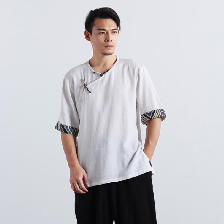 亞麻圓領盤扣上衣