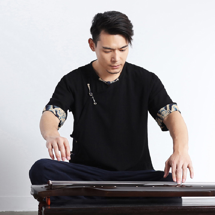 亞麻圓領盤扣上衣