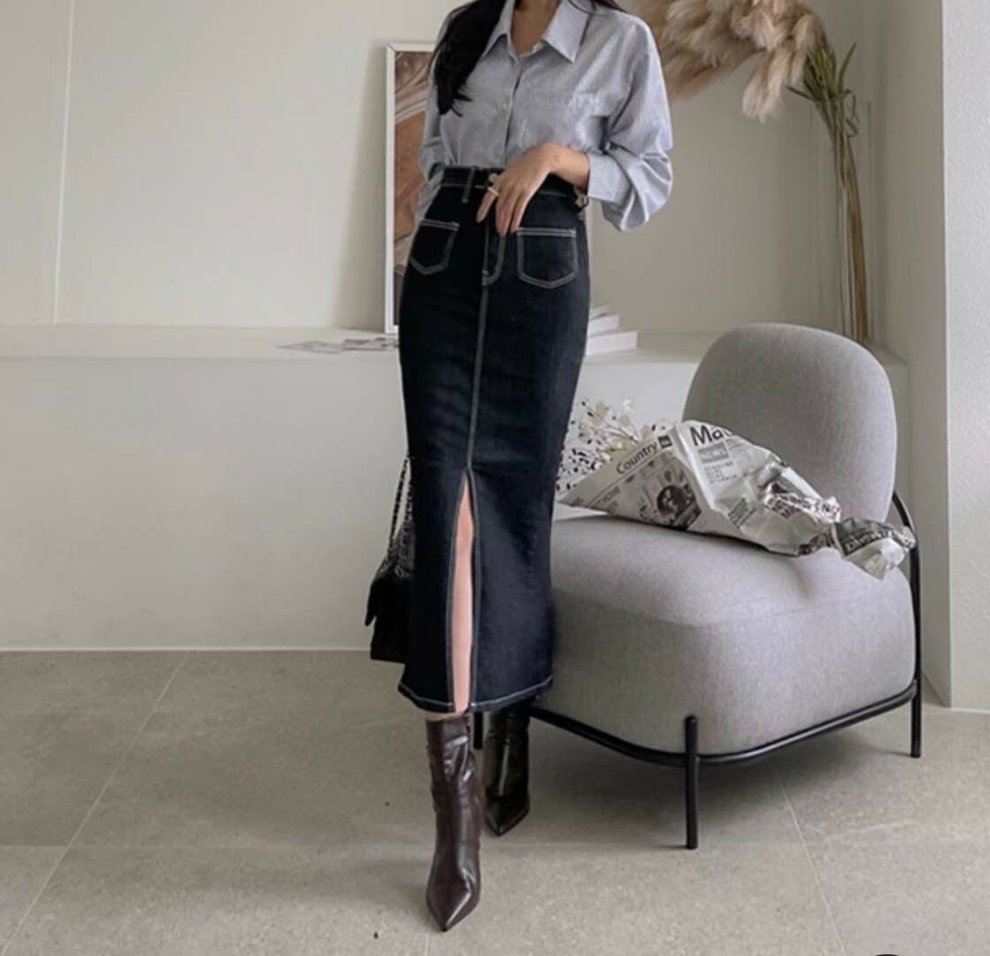 5011雙口袋縫線開叉丹寧長裙