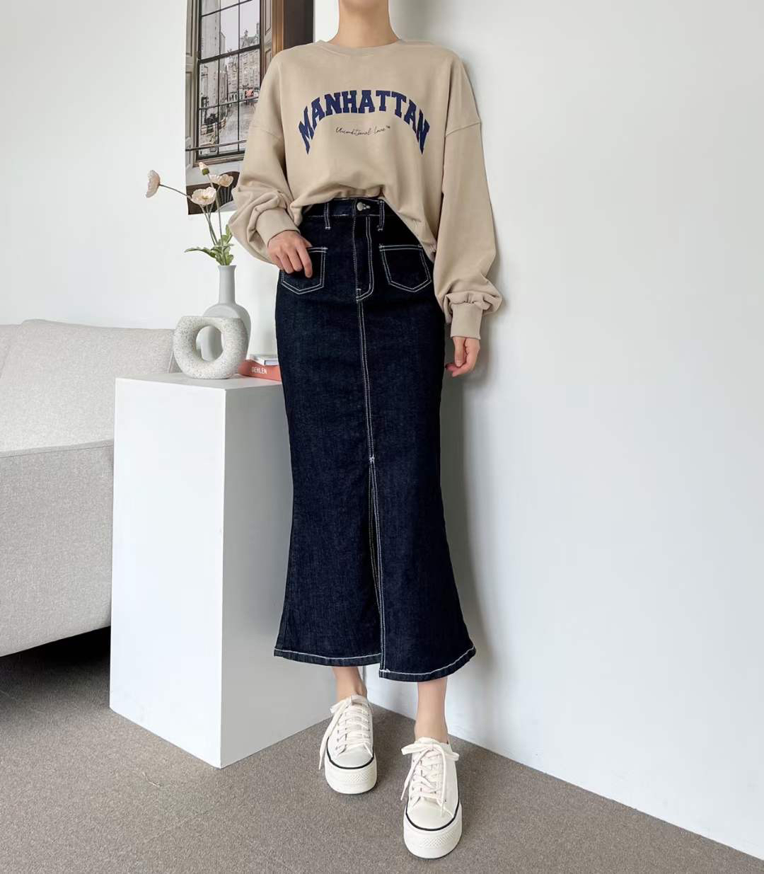 5011雙口袋縫線開叉丹寧長裙