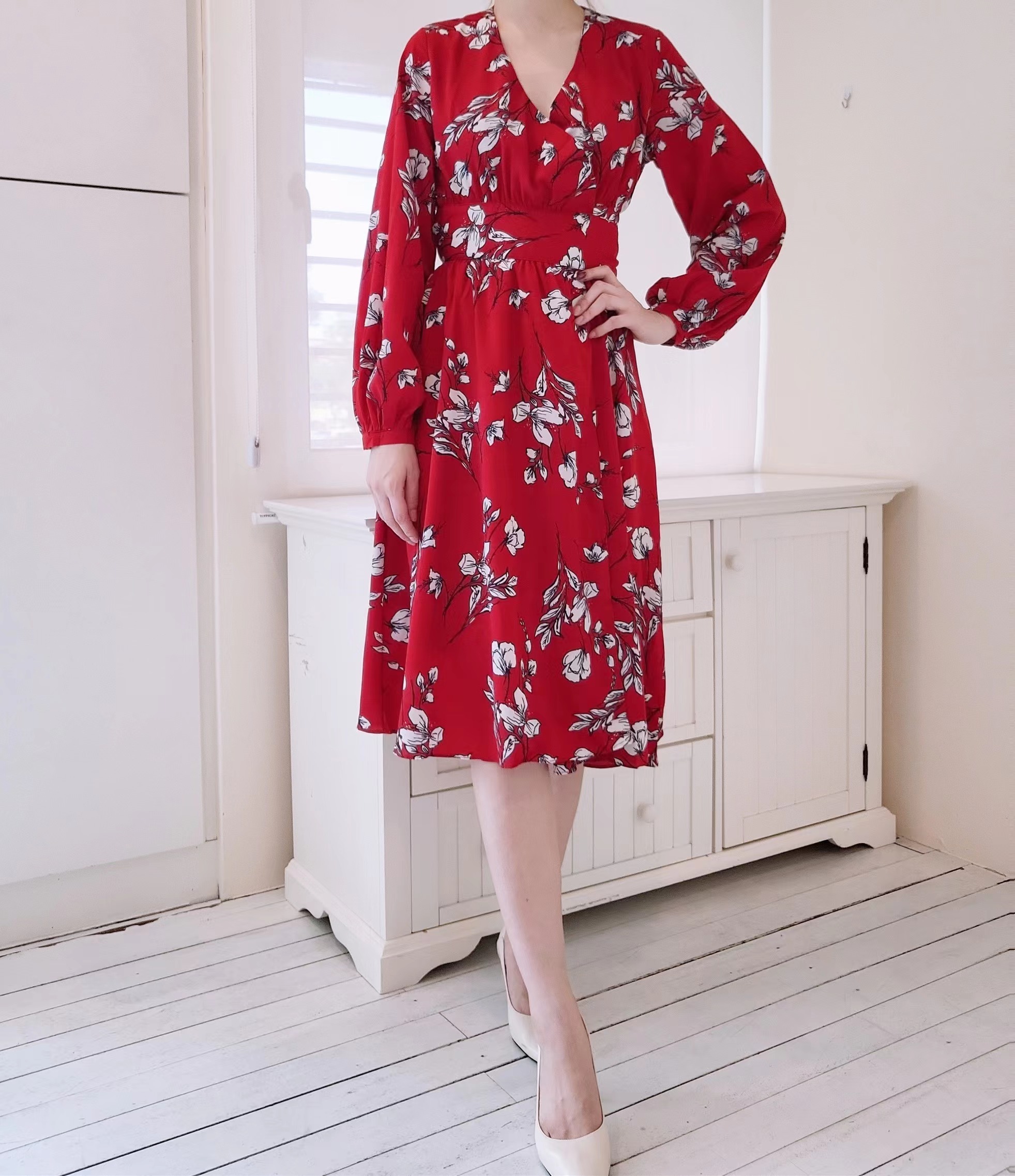 FLORAL RIBBON WAISTED LONG DRESS