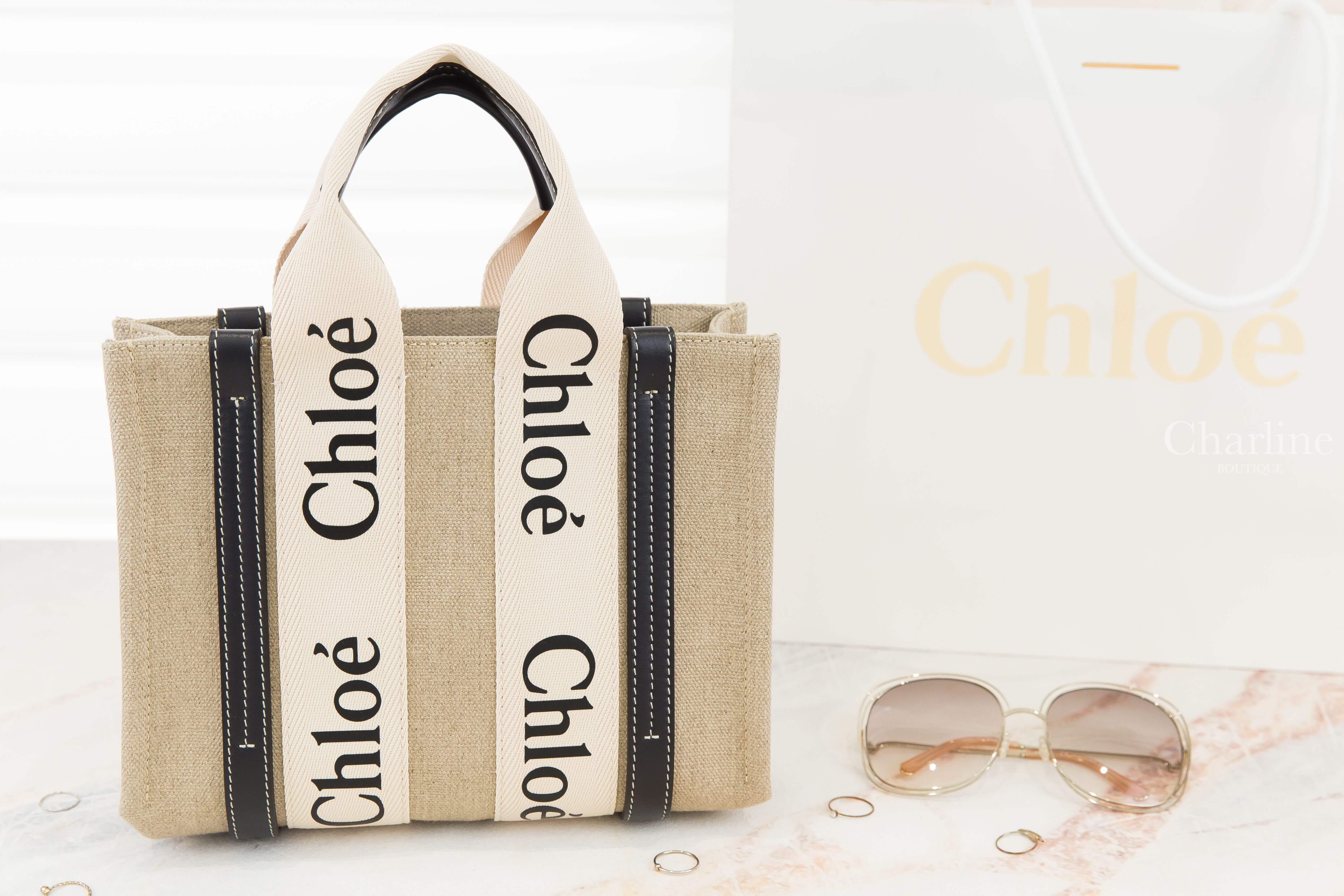 Chloe Small Woody Tote Bag 米白色帆布拼藍黑色皮革黑Logo小型提把肩背托特包-Charline Boutique 精品代購