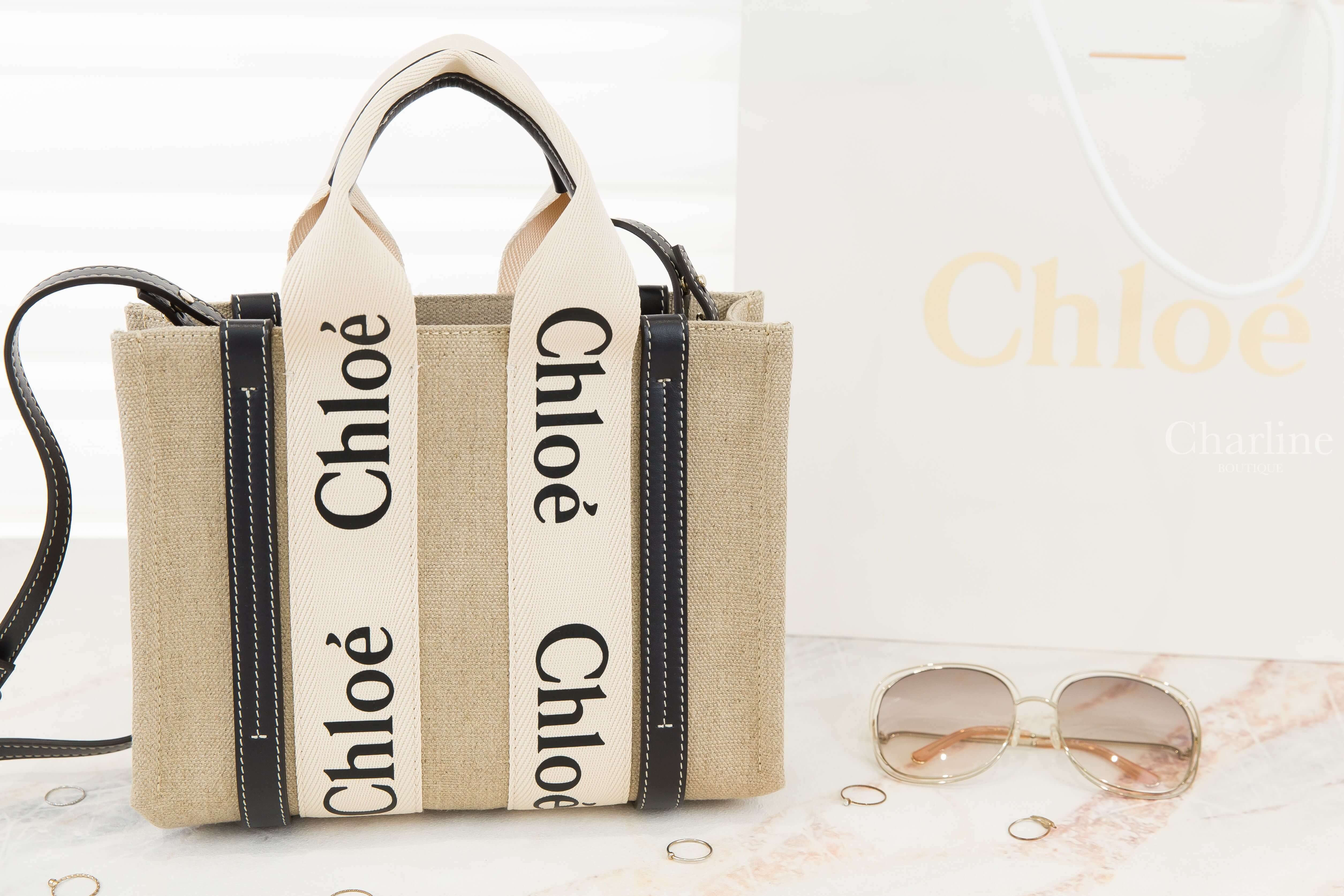Chloe Small Woody Tote Bag 米白色帆布拼藍黑色皮革黑Logo小型提把肩背托特包