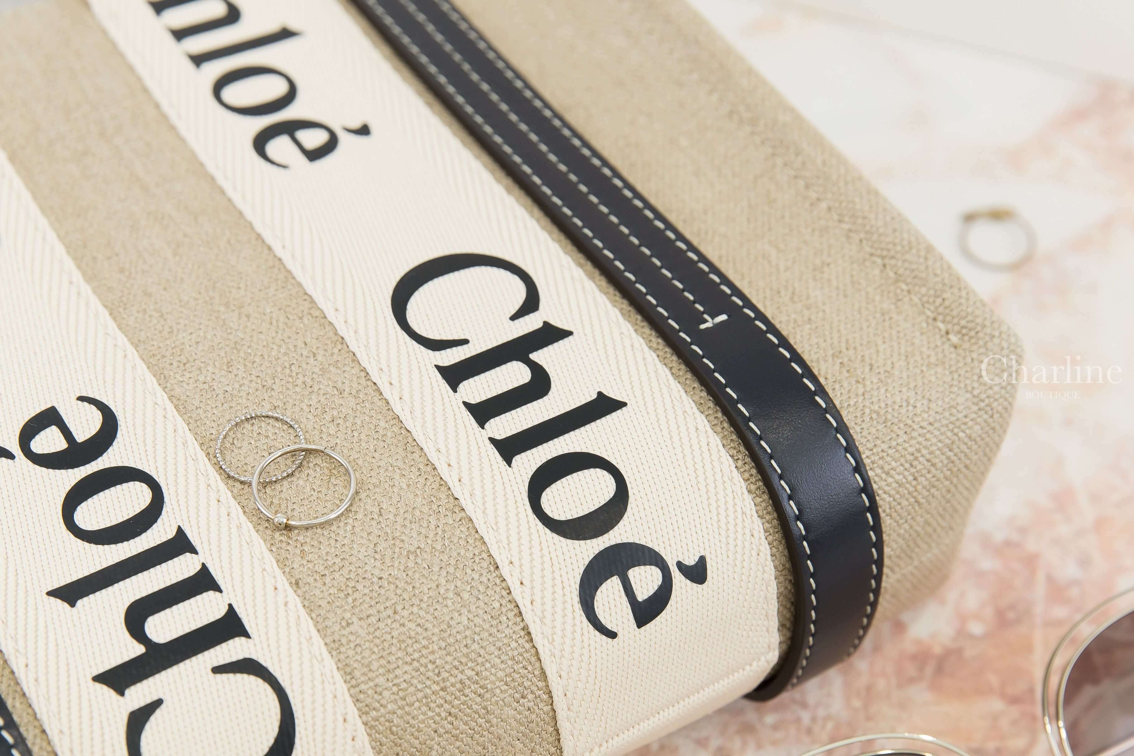 Chloe Small Woody Tote Bag 米白色帆布拼藍黑色皮革黑Logo小型提把肩背托特包