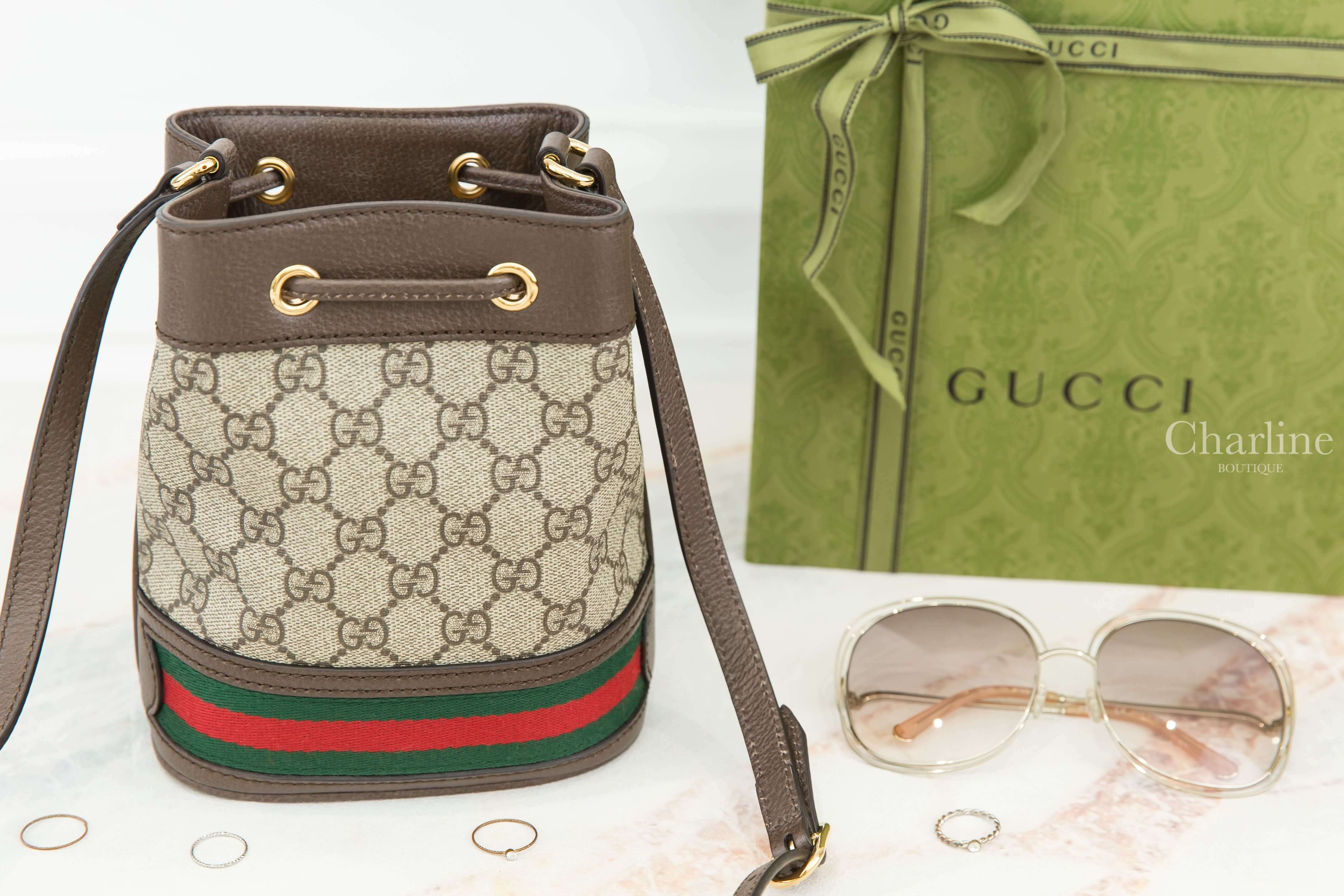 Gucci Ophidia Mini Gg Bucket Bag 米色/烏木色GG紅綠條紋迷你水桶肩背包-Charline Boutique 精品代購