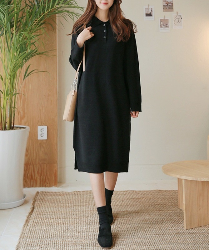黑S【零碼出清不退換】POLO領直筒針織洋裝