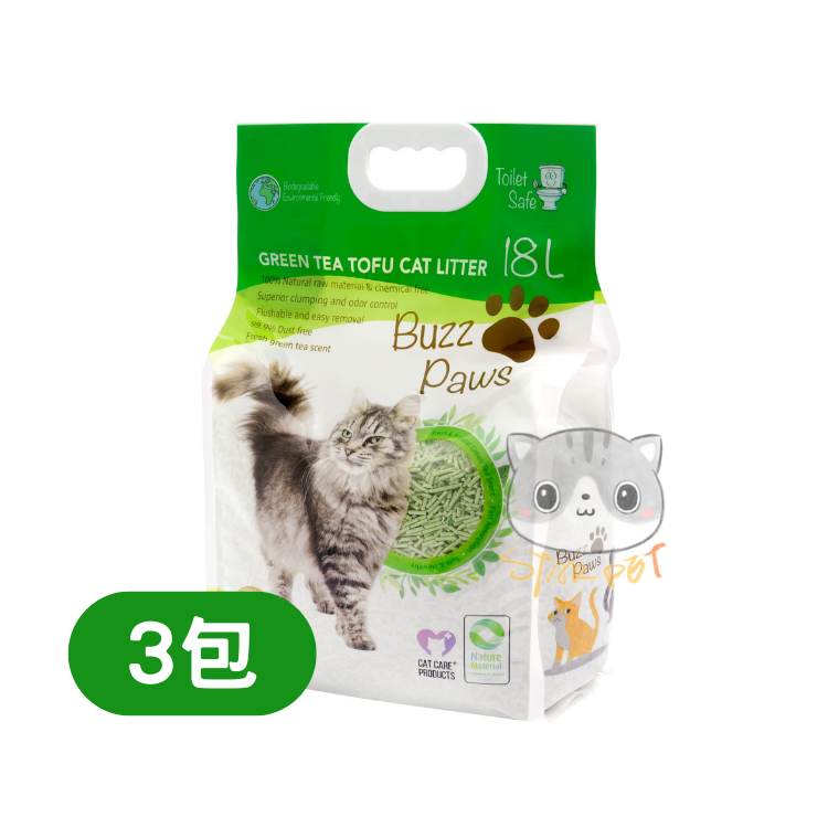 Buzz Paws Green Tea Tofu Cat Litter 18L x 3
