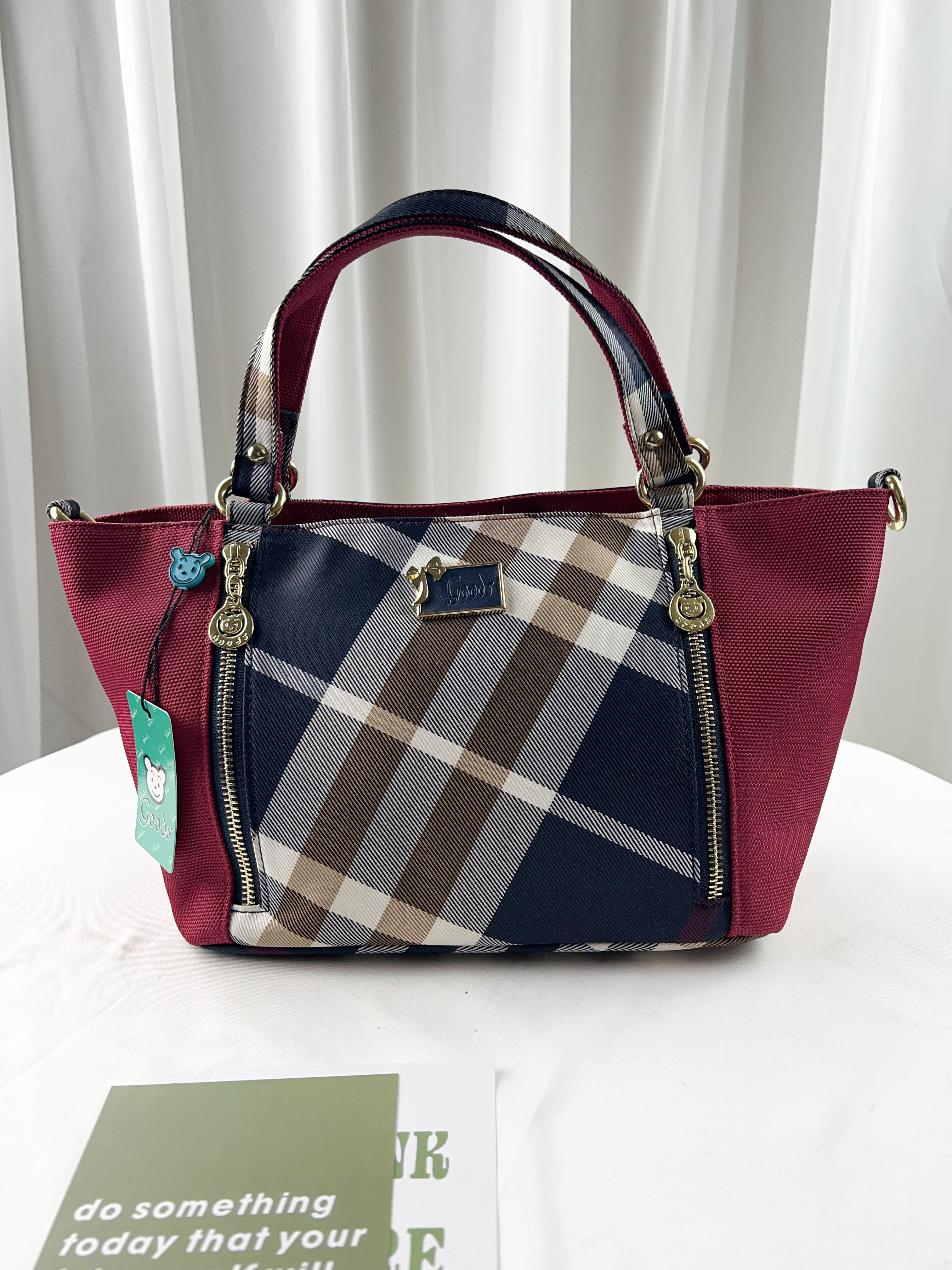 GOODS 紅格紋拼色防潑水手提包 / 側背包 #2615