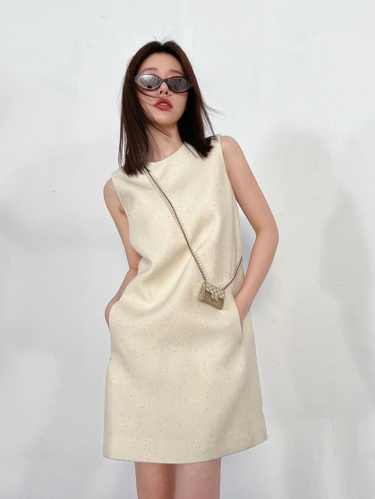 高級簡約毛尼無袖洋裝