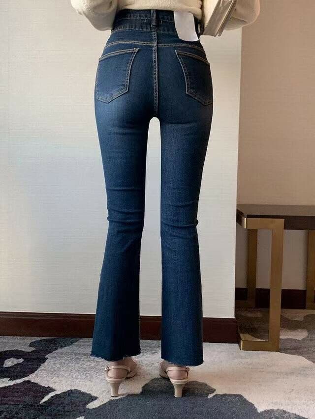 1069雙釦褲頭斜車微喇牛仔褲