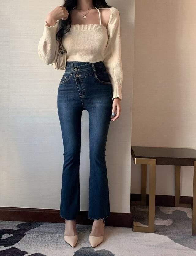 1069雙釦褲頭斜車微喇牛仔褲