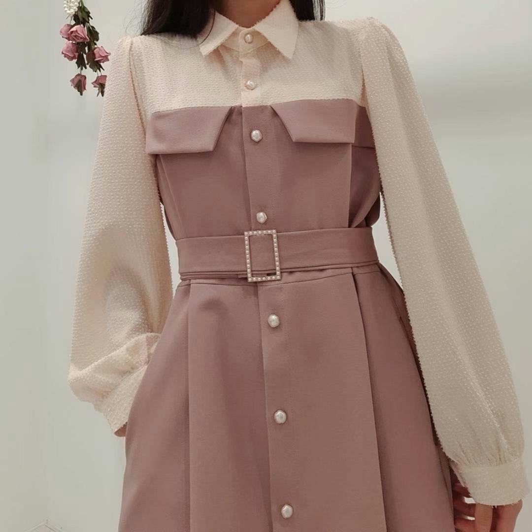 LCT14 拼色假兩件連珍珠腰帶連身裙