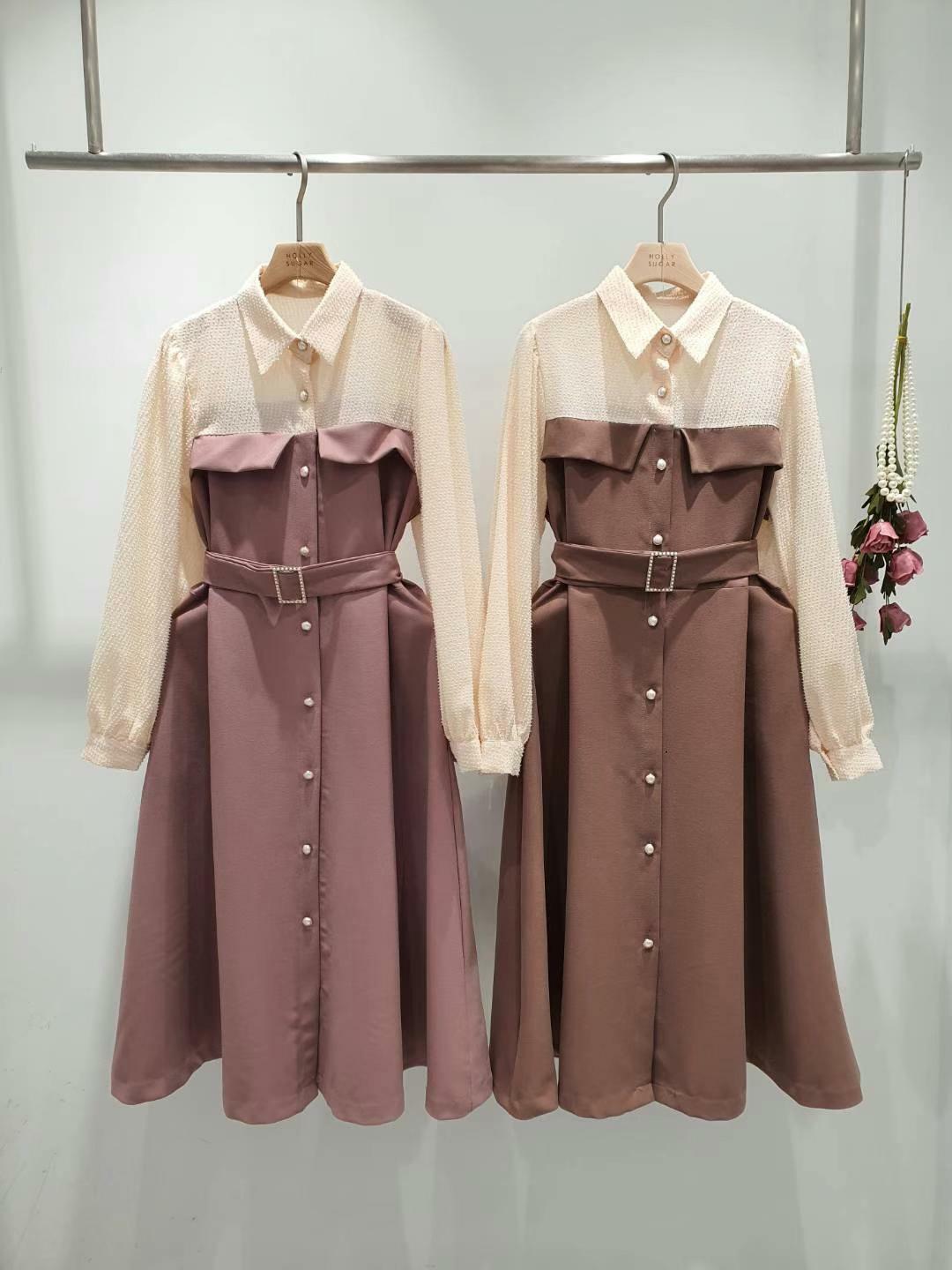 LCT14 拼色假兩件連珍珠腰帶連身裙