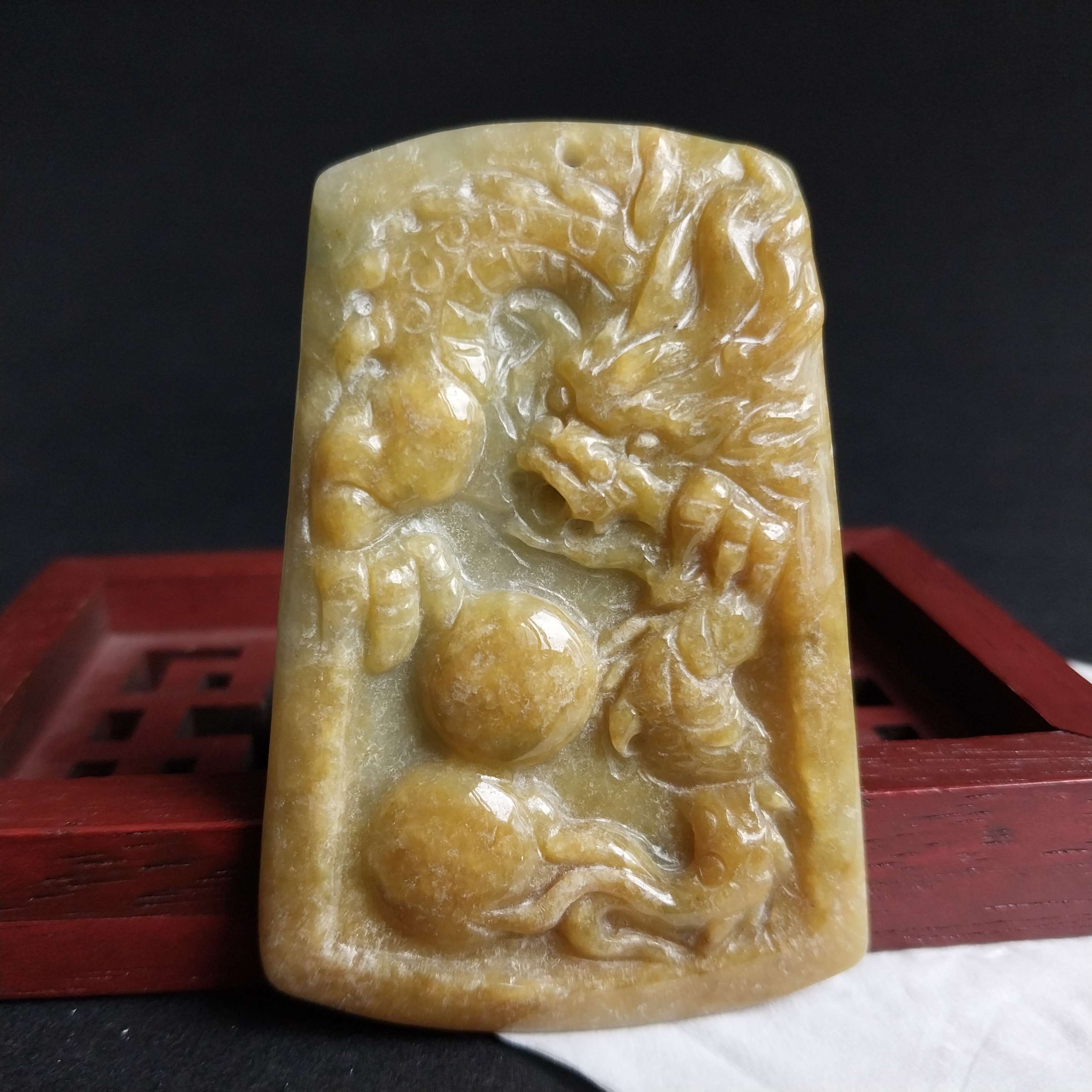 冰糯黃翡龍戲珠吊牌, 天然翡翠A玉, 緬甸玉, Jade, Jadeite