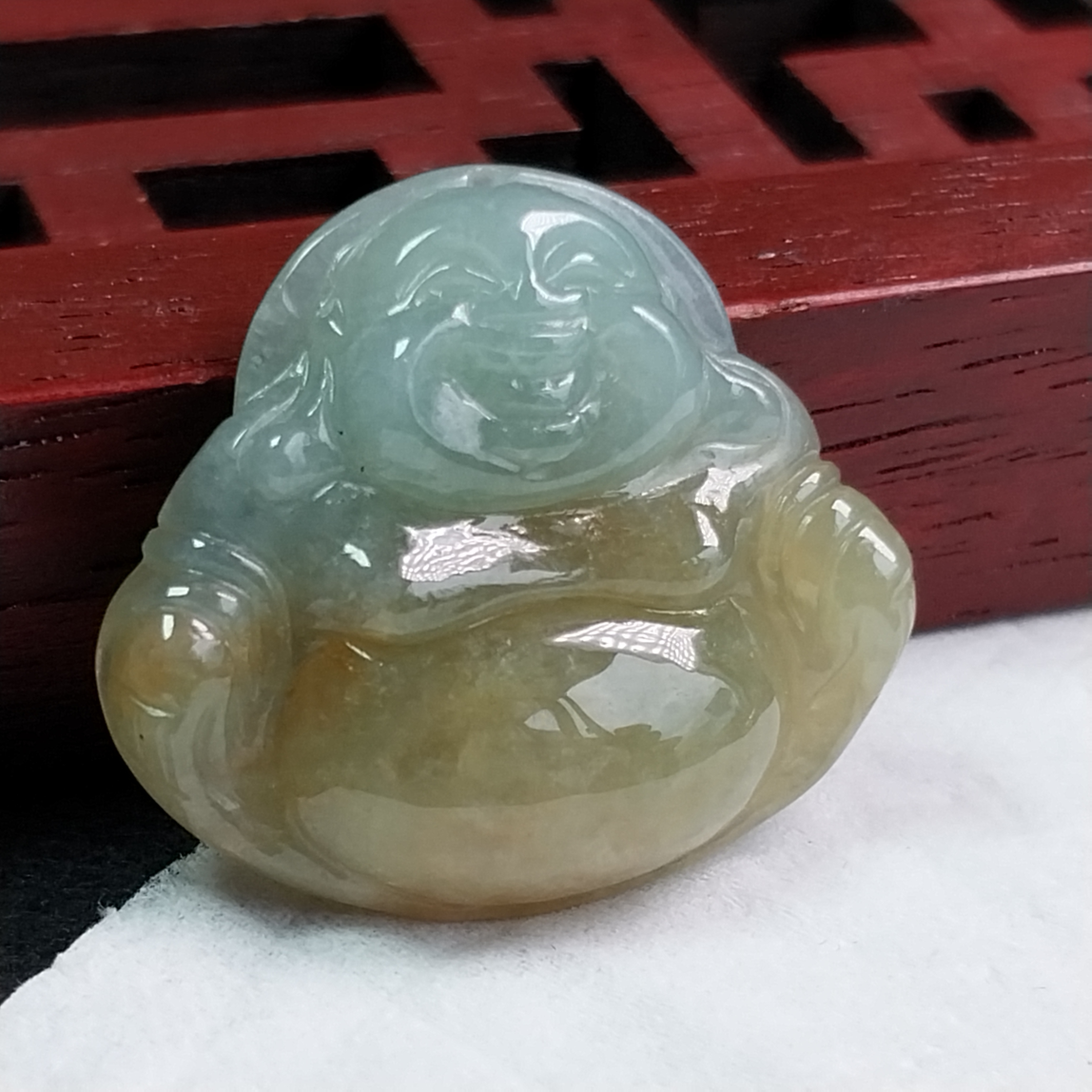 冰雙彩小笑佛, 天然翡翠A玉, 緬甸玉, Jade, Jadeite