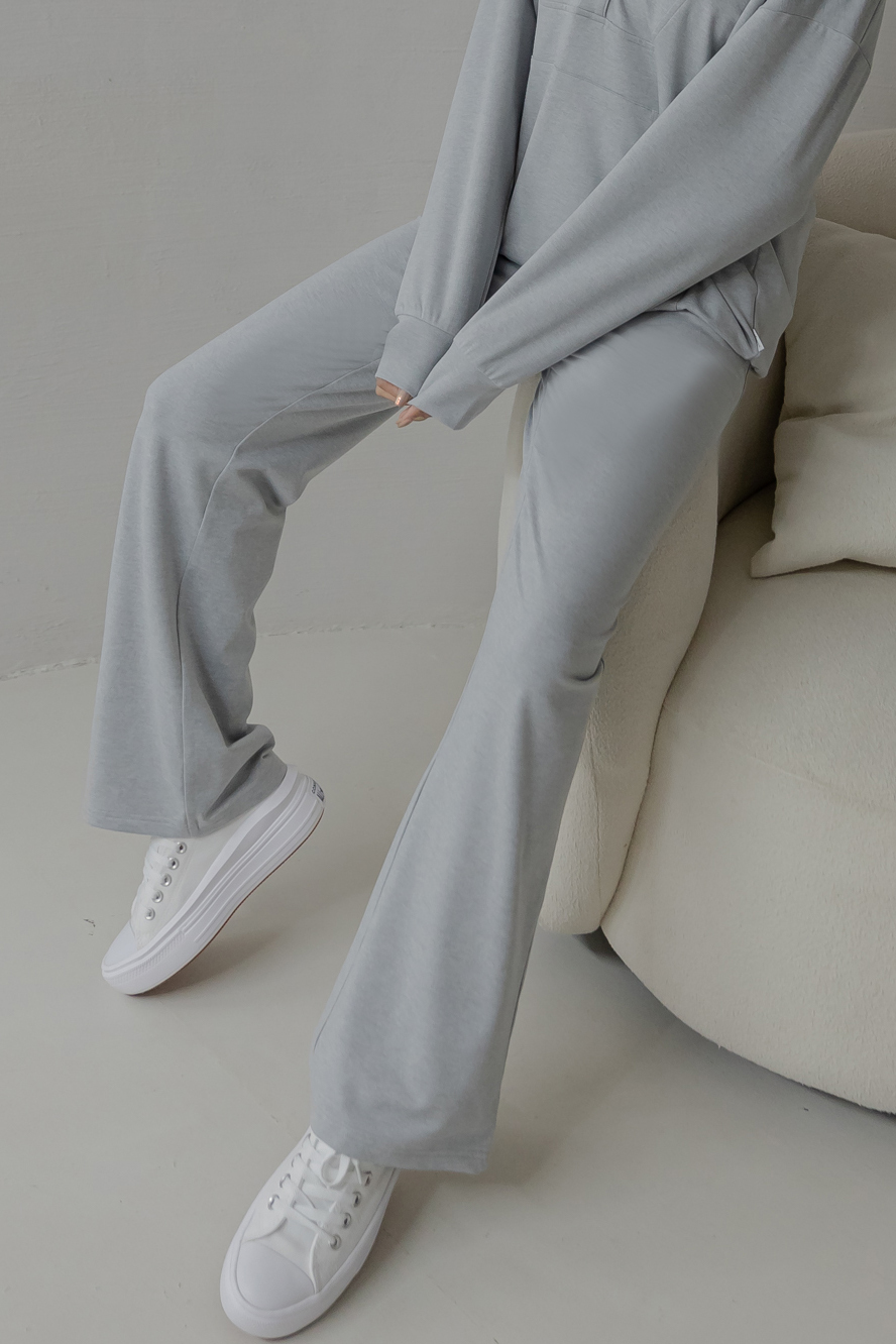 高腰磨毛感長寬褲- Light Grey Heather