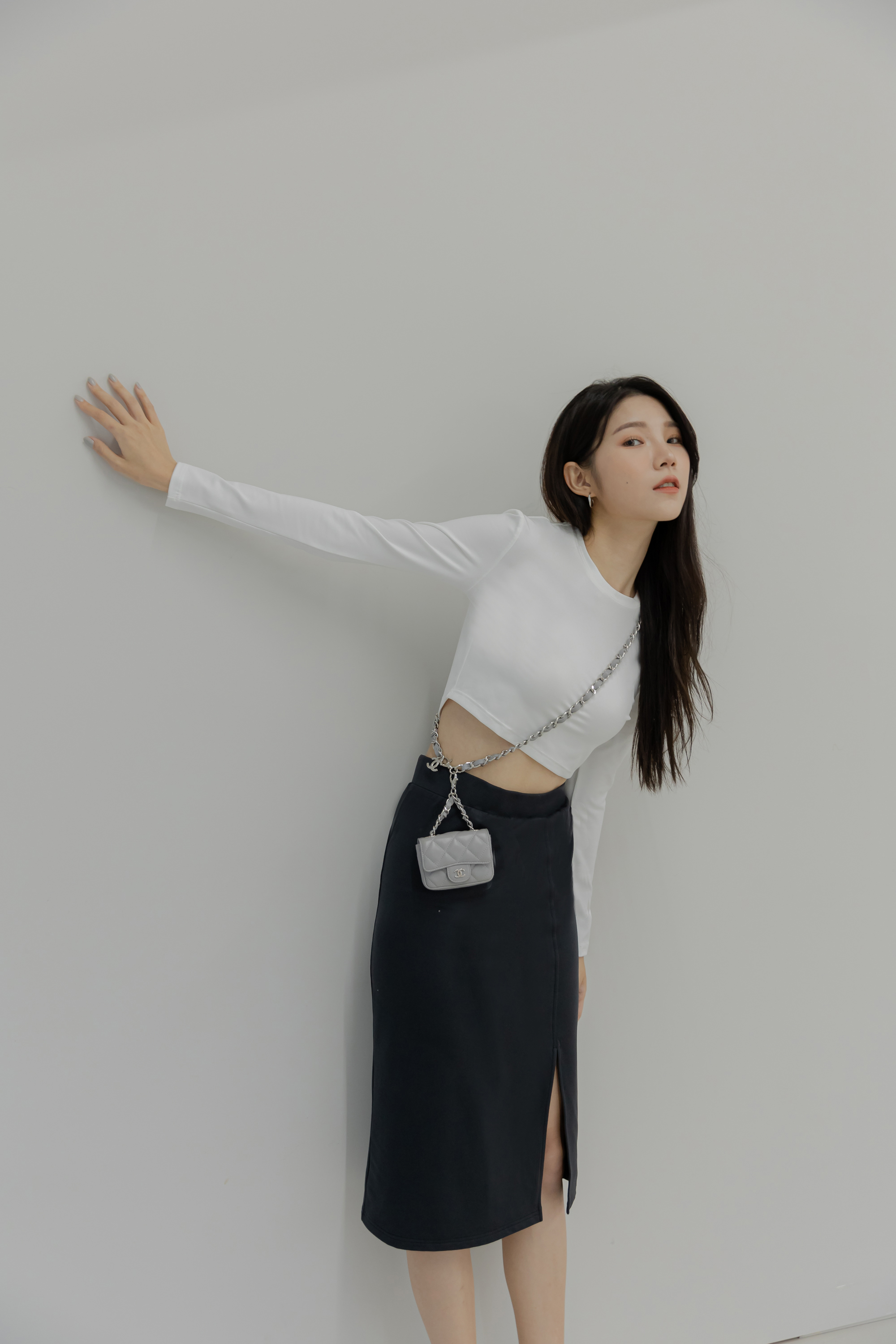 磨毛感側開岔窄裙- Black