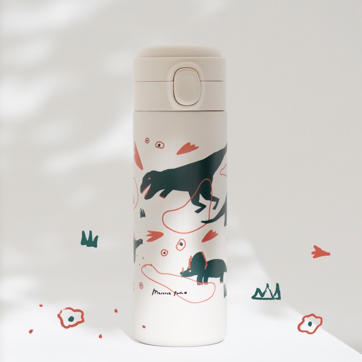【馬卡龍腳趾x慢慢挑-侏羅紀公園】彈蓋內鈦陶瓷聯名保溫杯，超輕450ML|白色（可裝咖啡、奶茶）