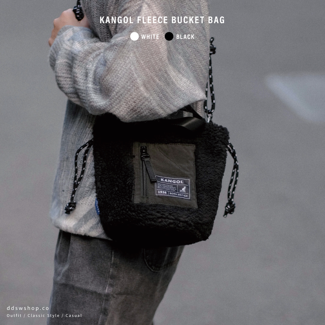 Kangol 袋鼠 包包 水桶包 側背 肩背 手提 羊羔毛 抽繩 束口 黑色 白色