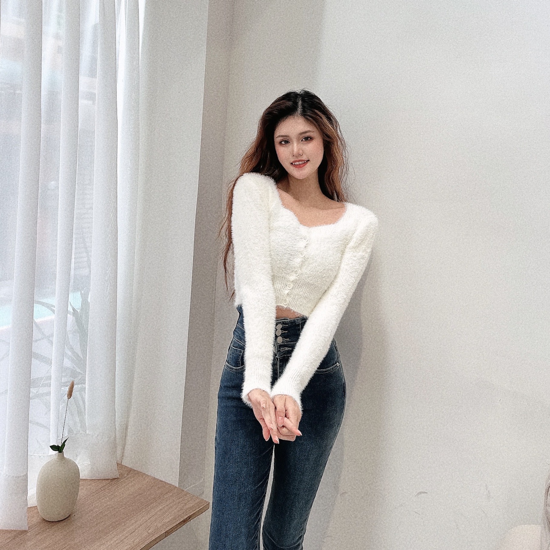 方領排釦柔軟絨毛針織上衣/三色