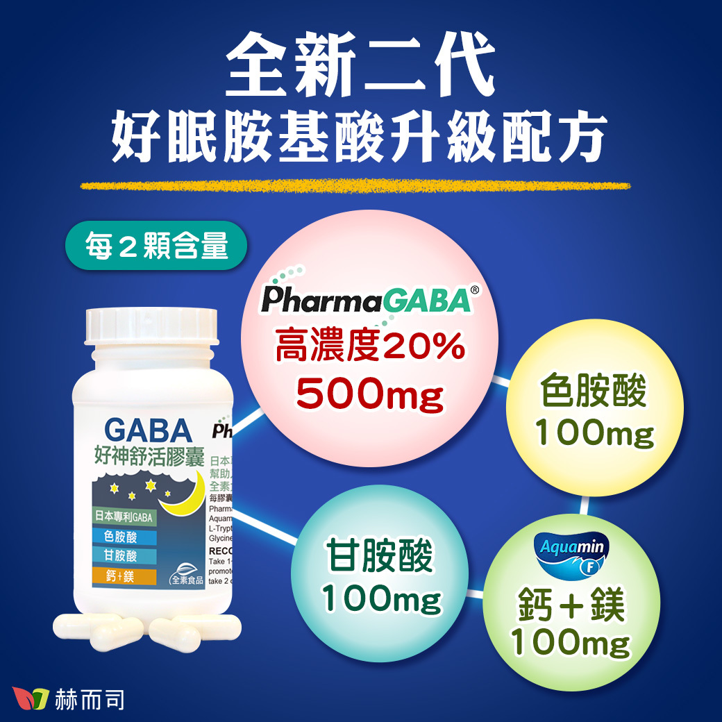 全新二代好眠胺基酸升級配方，每2顆好神舒活含量PharmaGABA高濃度20%500mg，色胺酸100mg，甘胺酸100mg，紅海藻鈣鎂100mg