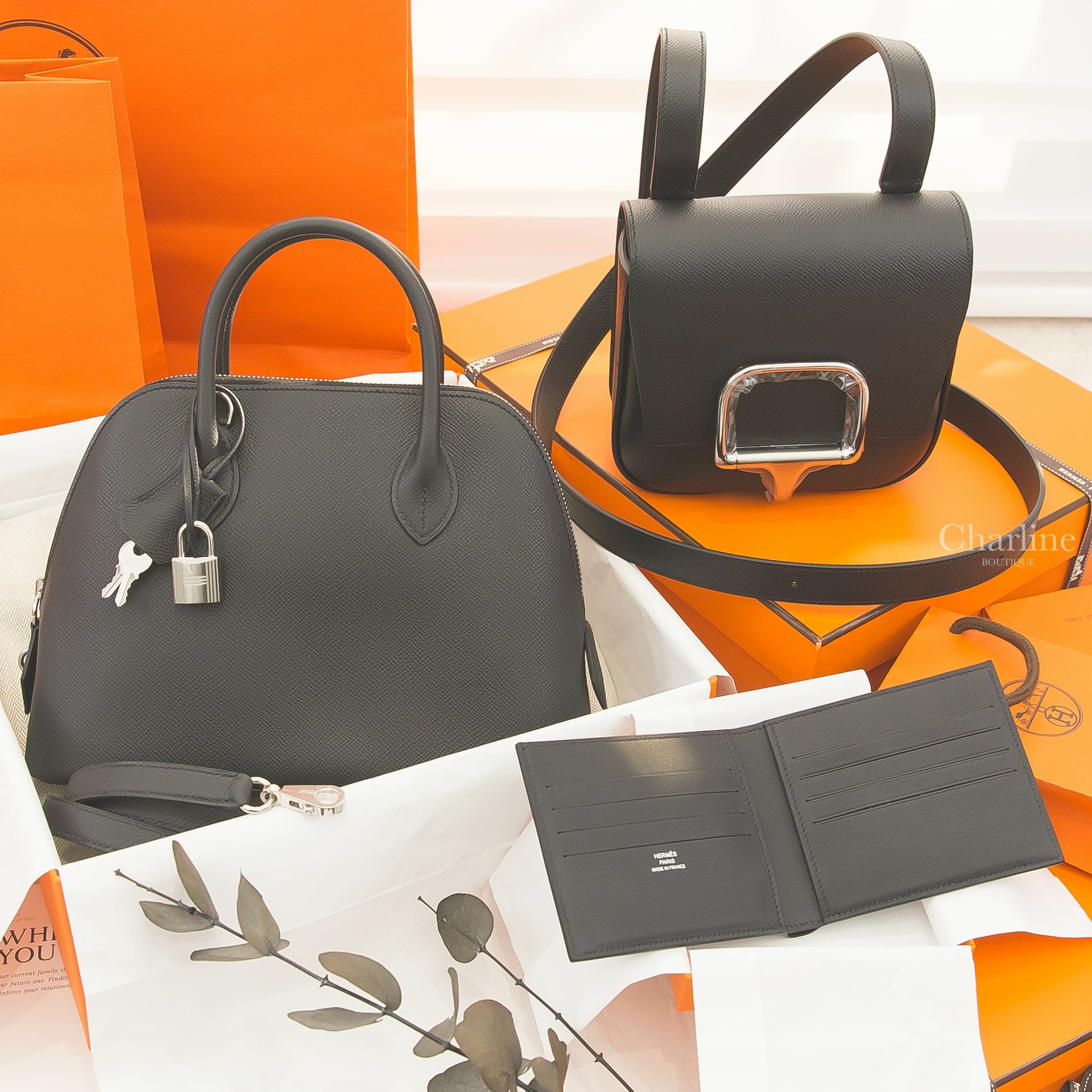 Hermès Bolide 25cm 89 Noir Veau Epsom U刻黑色銀釦手提肩背包,Della Cavalleria Mini Bag 89 Noir Epsom U刻黑色銀釦肩背包-Charline Boutique 精品代購