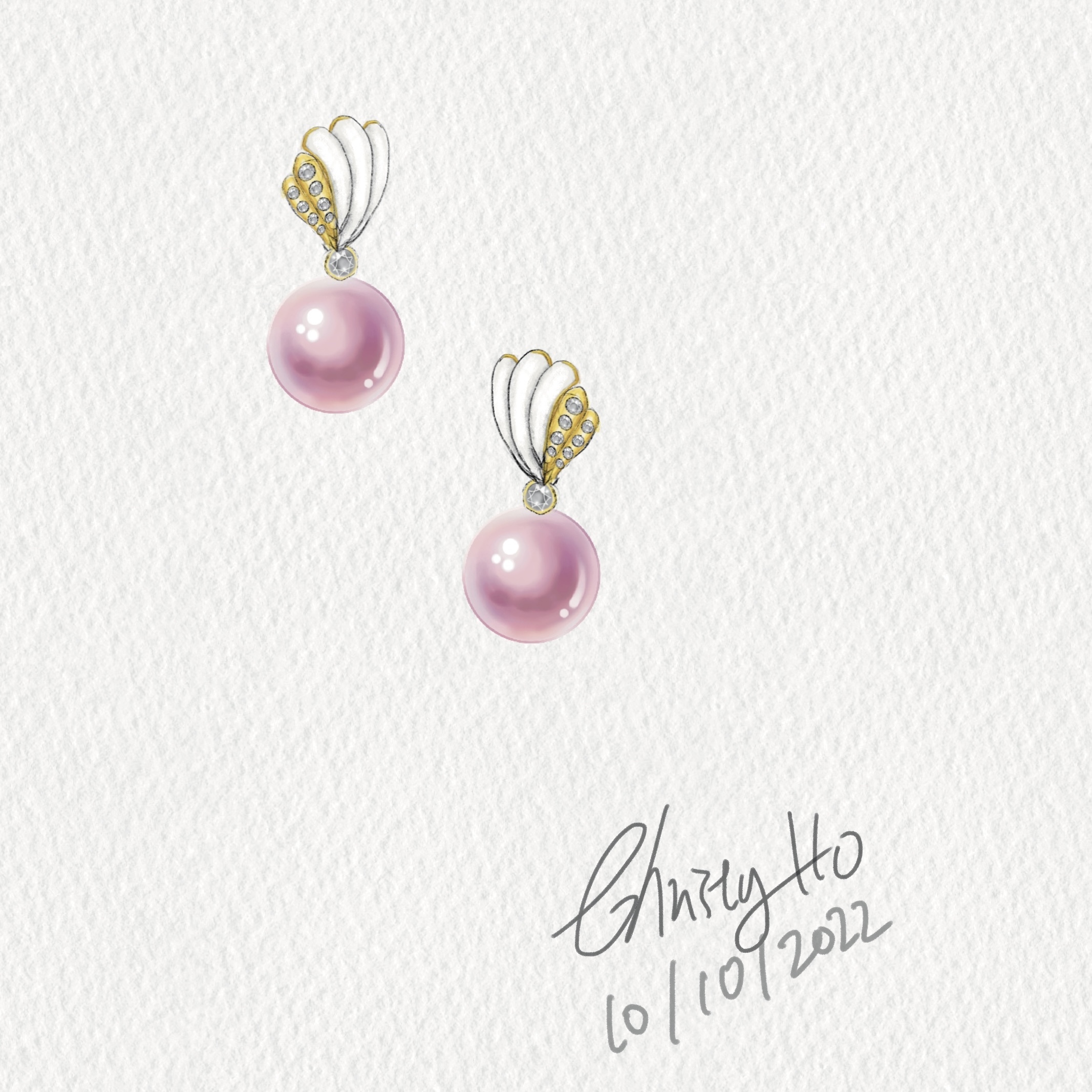 18K黃金珍珠母貝配日本Akoya鑽石耳釘 (8.5-9mm)