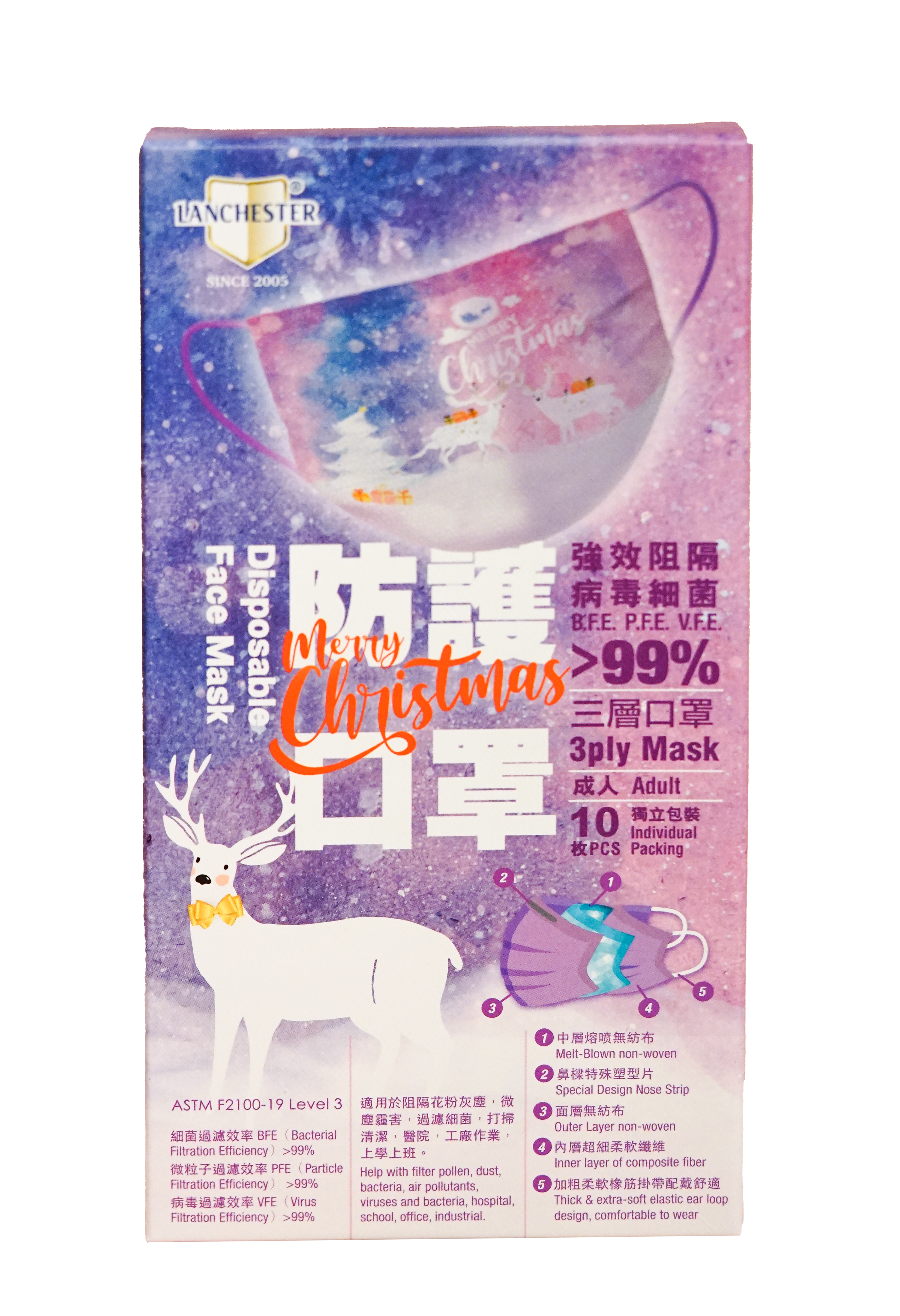 【迷人聖誕系列】Lanchester 成人三層防護口罩#十片#獨立包裝(多項證書認證/信心保證)