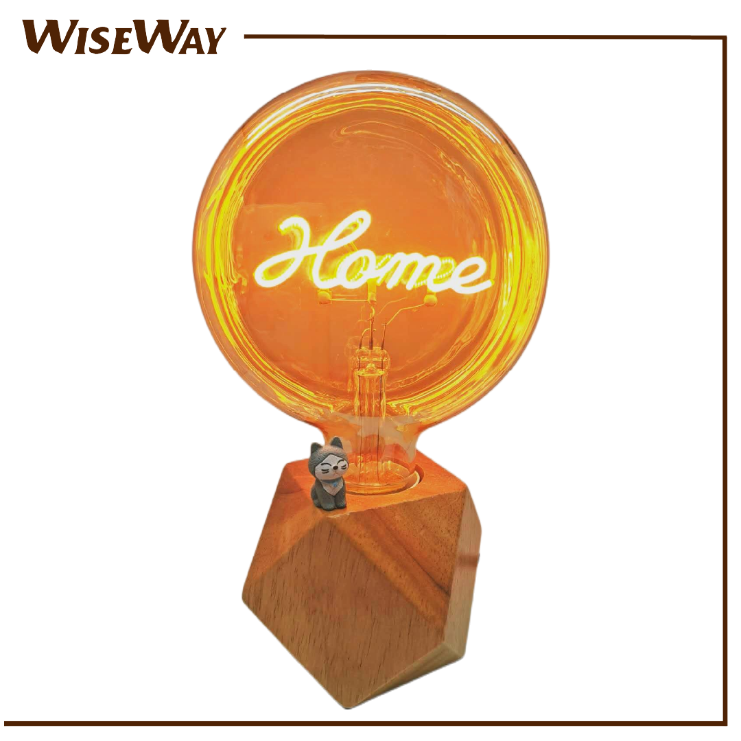Wiseway HOME字母扁燈泡+小猫實木菱形台燈